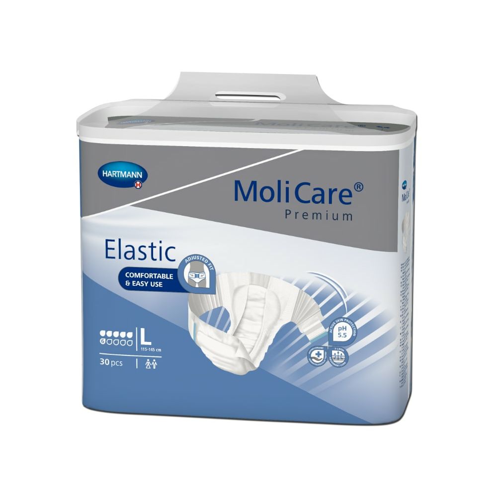 Verpackung MoliCare Premium Elastic. Marke Hartmann. 30 Stück. Mit Größenangabe und pH-Wert 5,5.