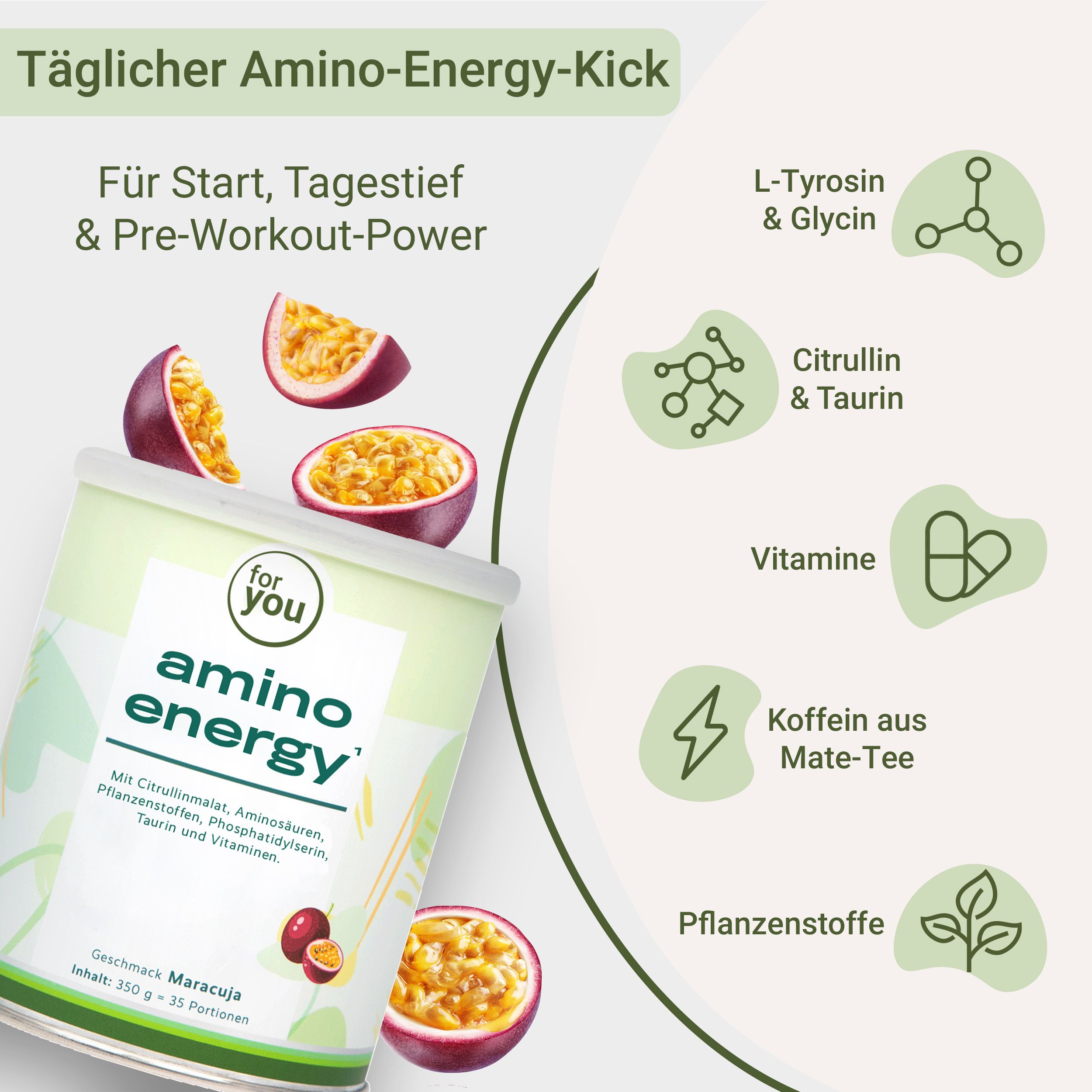 Dose Amino Energy mit Maracuja-Frucht. Icons zeigen Inhaltsstoffe: L-Tyrosin, Citrullin, Vitamine.