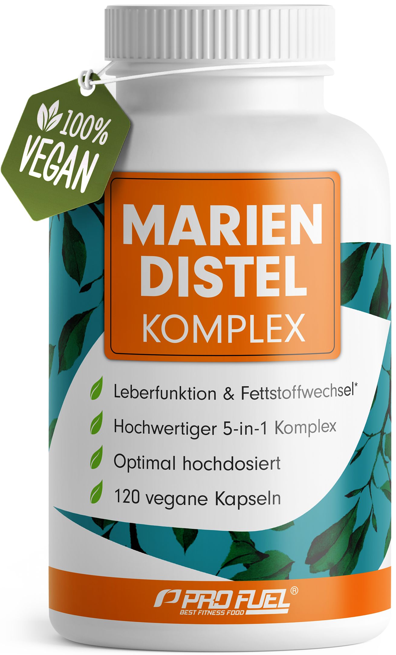 Weiße Flasche mit Kapseln. Mariendistel Komplex. 120 vegane Kapseln. Grün-weißes Etikett. 100% Vegan-Siegel.