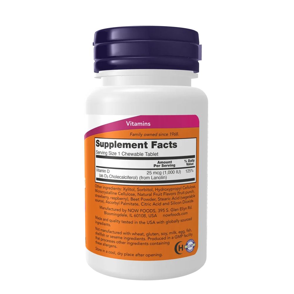 Rückseite der weißen Flasche mit lila Deckel. Orangefarbenes Etikett mit Text: Supplement Facts. Enthält Vitamin D. Hergestellt von NOW FOODS.