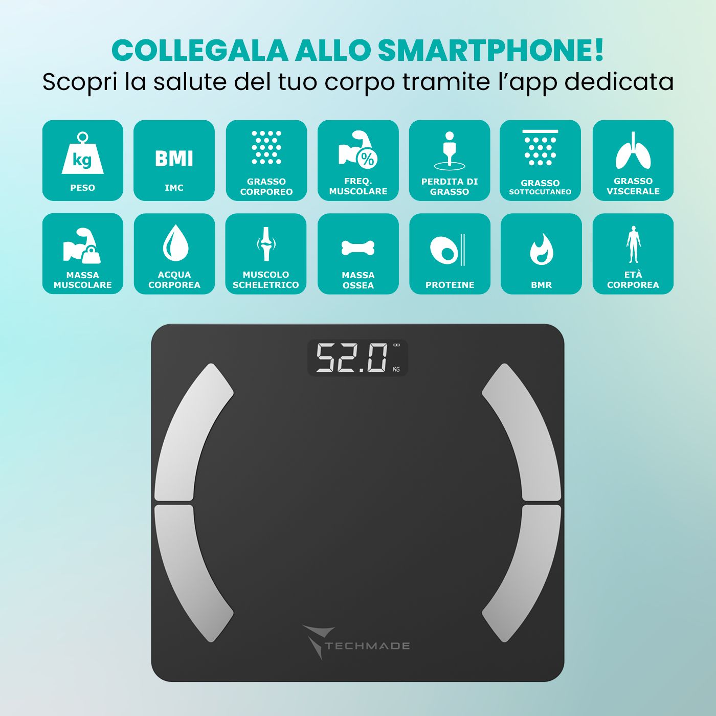 Bilancia digitale nera con display 52.0. Icone per peso, BMI, grasso corporeo, massa muscolare, massa ossea, ecc.