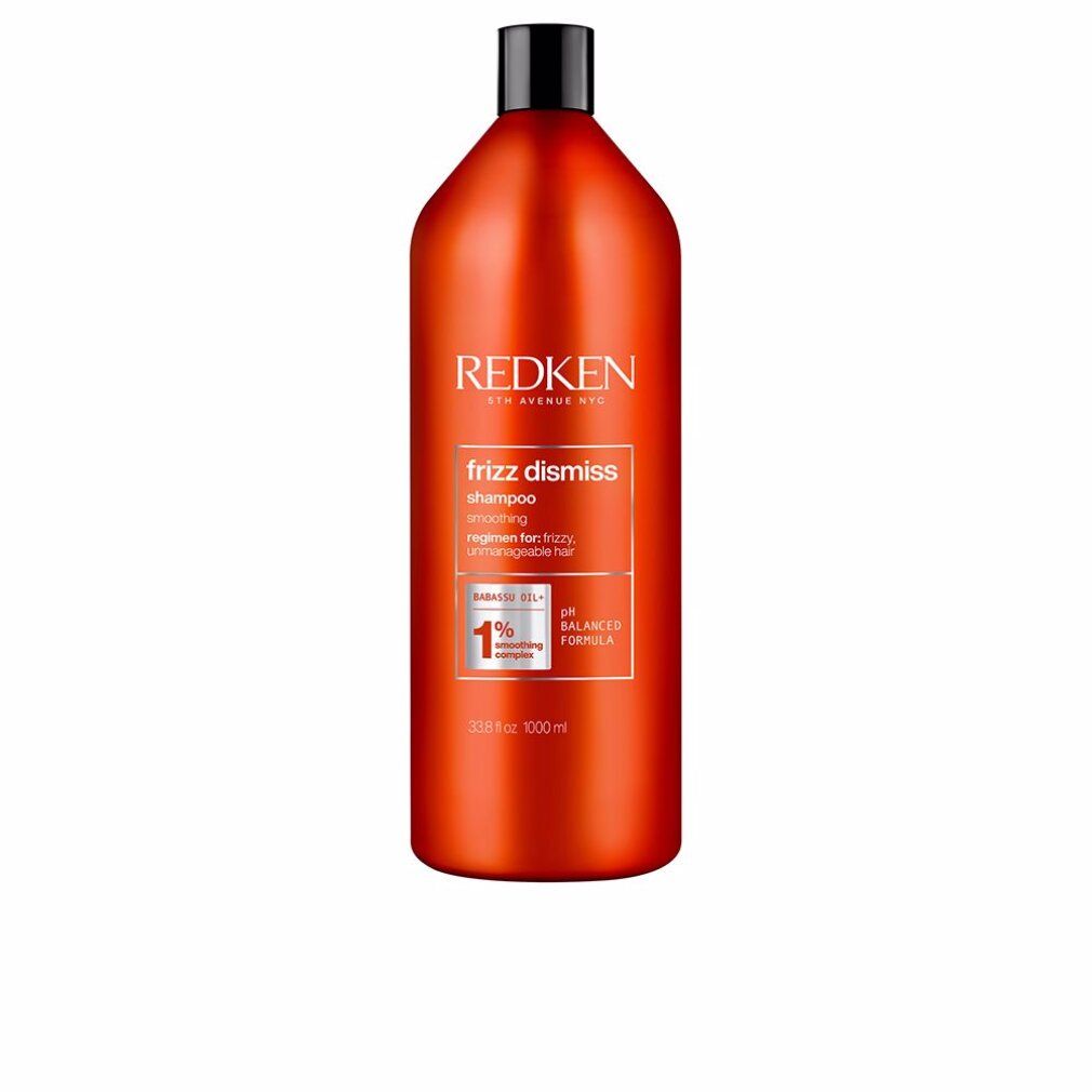 Orange Flasche Redken Frizz Dismiss Shampoo mit schwarzem Deckel. 1000ml.