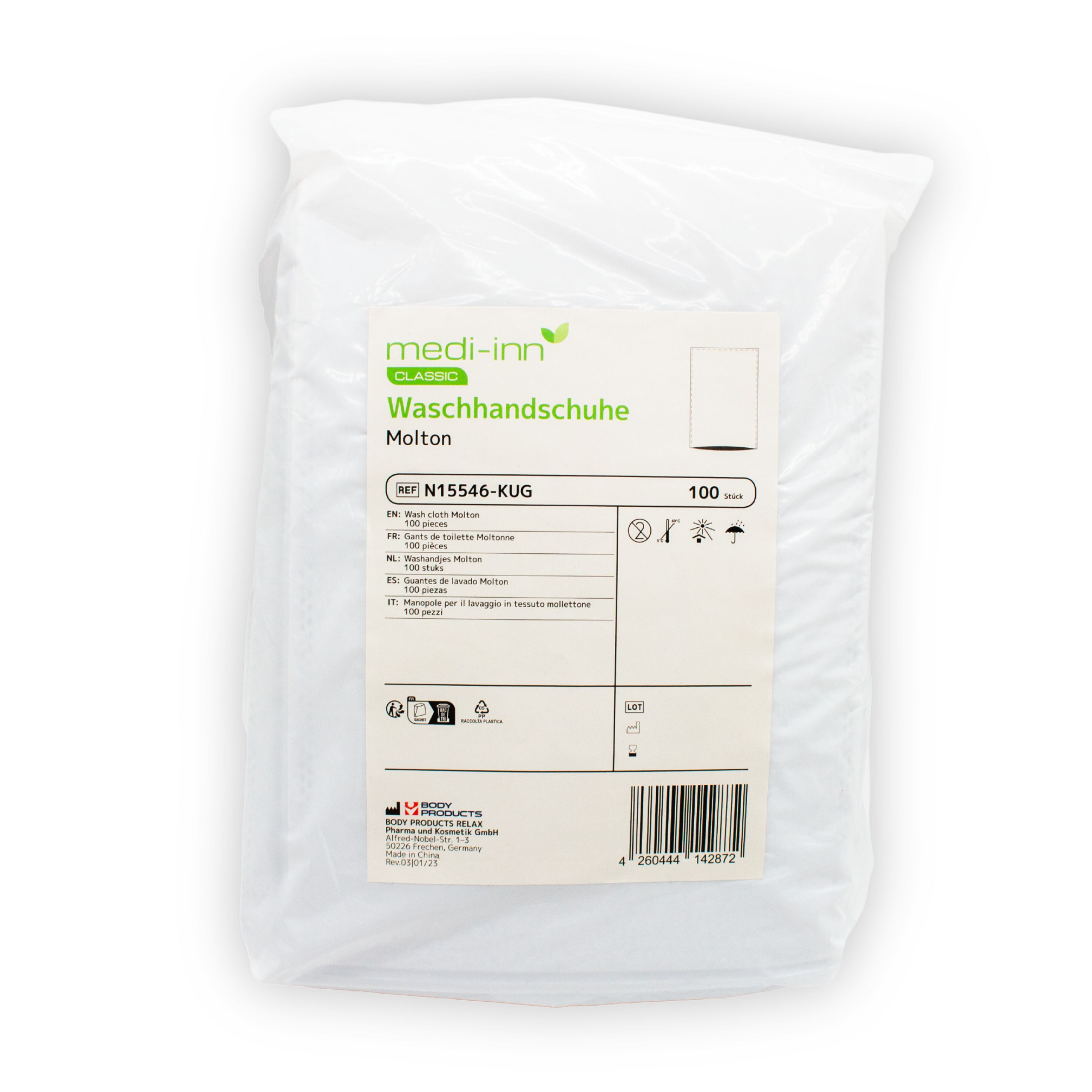 Verpackung von Medi-Inn Waschhandschuhe Molton. Transparente Folienverpackung mit Produktinformationen und Logo.