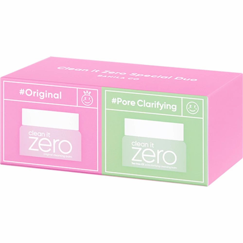 Rosa Box mit zwei Fächern. Aufschrift "#Original" und "#Pore Clarifying". Auf der Box ist der Schriftzug "Clean It Zero Special Duo".