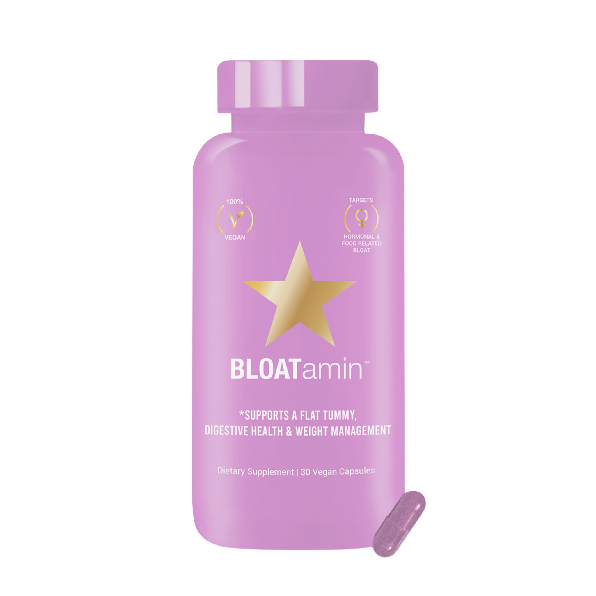 Rosa Flasche mit BLOATamin-Etikett. Enthält 30 vegane Kapseln. Text: Unterstützt einen flachen Bauch, Verdauung und Gewichtsmanagement. Vegan-Zertifizierung.