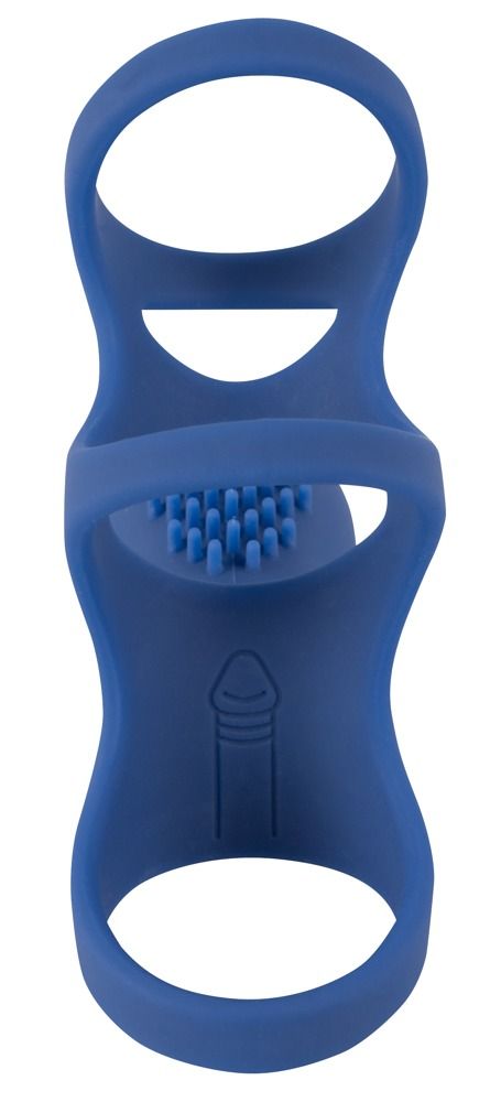Blauer Ring mit Noppen. Silikon. Zwei Öffnungen. Oberteil mit Noppen. Abbildung eines Penis.