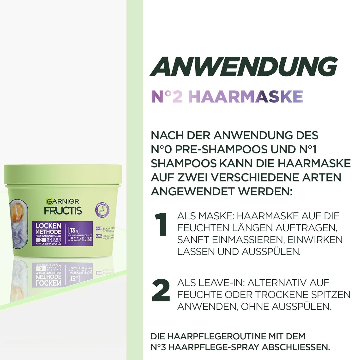 Anwendungshinweise für Garnier Fructis Locken Methode Haarmaske. Text: N°2 Haarmaske.