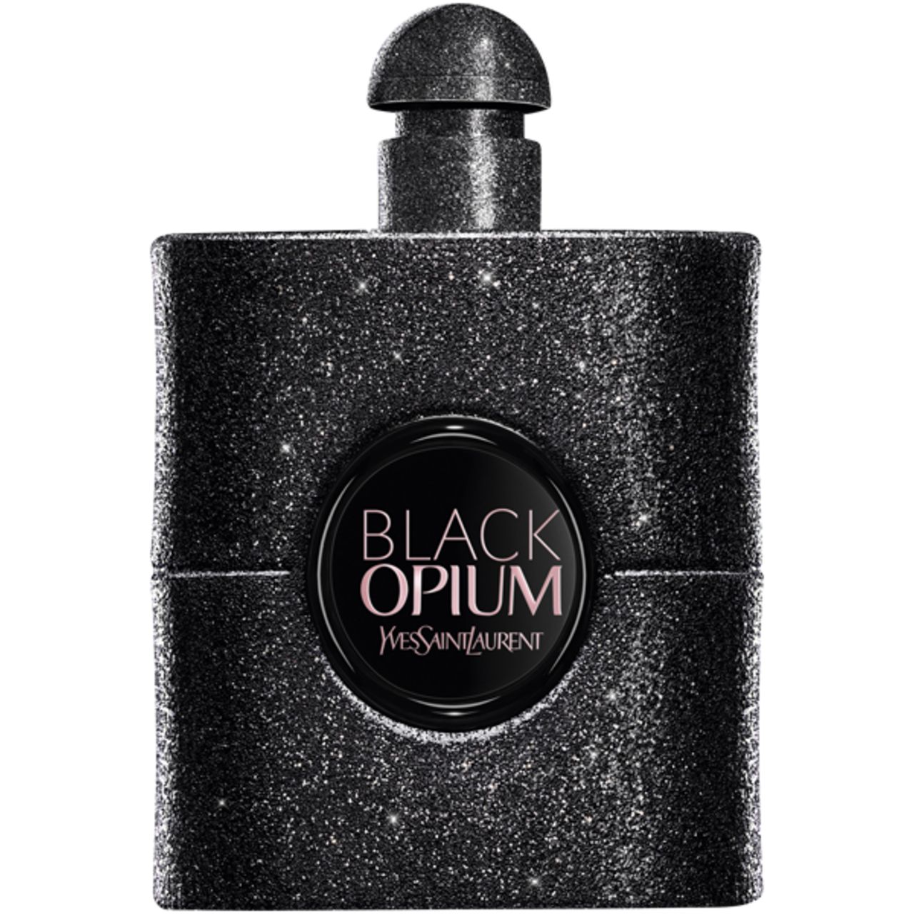 Schwarzer Flakon von Yves Saint Laurent Black Opium Extreme EdP. Glitzernd, rundes Etikett mit Produktnamen.
