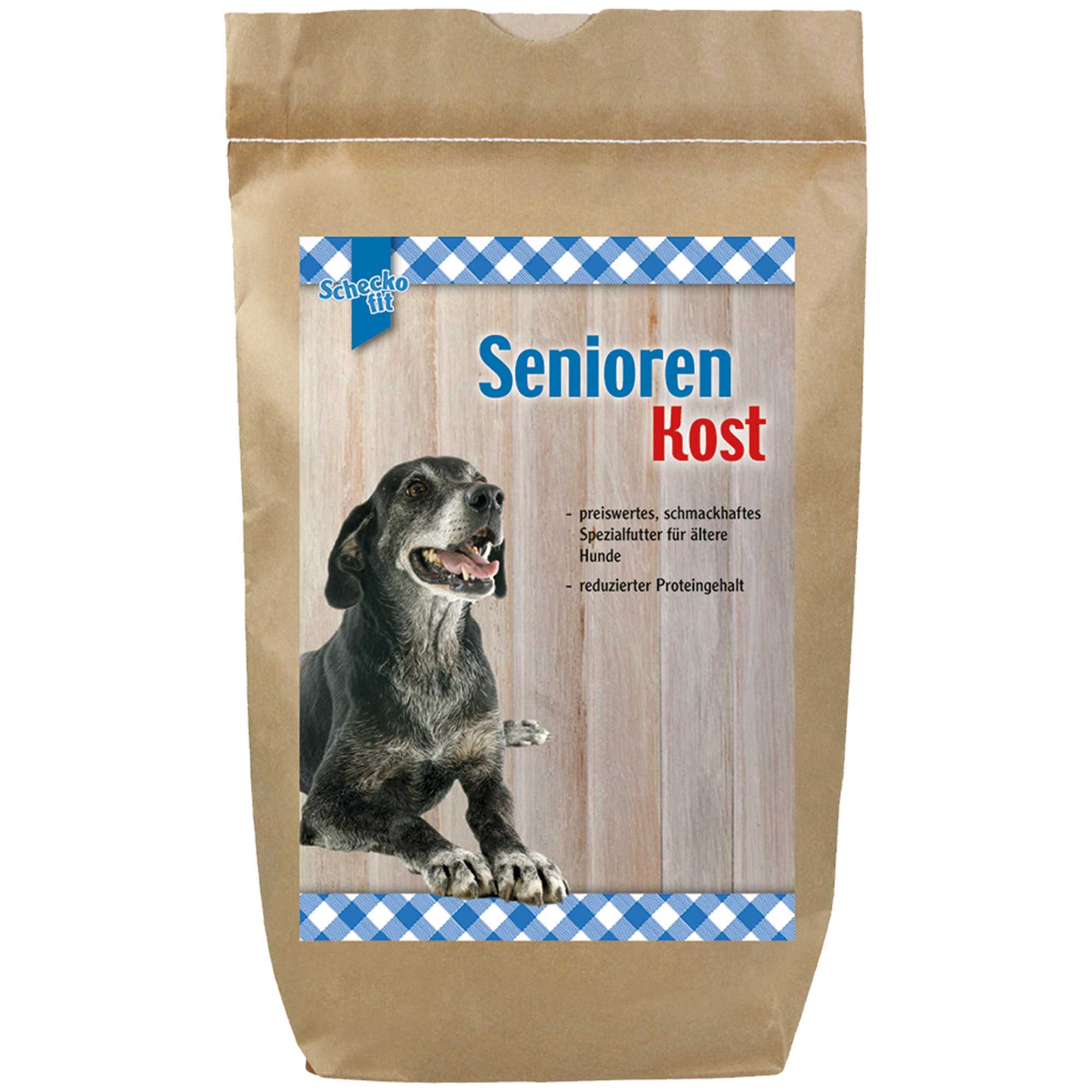 Beutel mit Trockenfutter für ältere Hunde. Aufdruck mit Hund, Schriftzug "Senioren Kost".