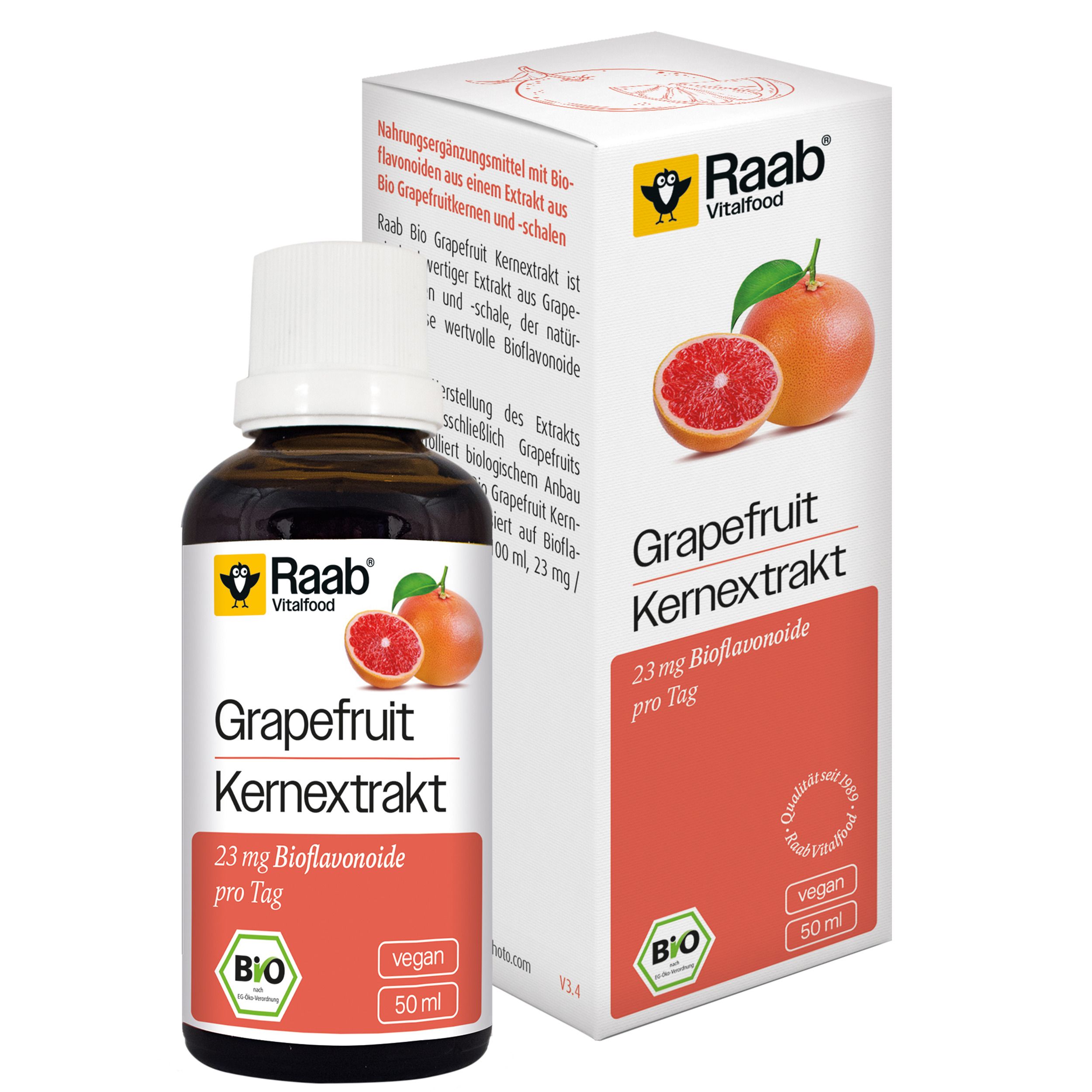 Braune Glasflasche und Karton mit Raab Vitalfood Grapefruitkern Extrakt. BIO-Siegel und vegan-Hinweis. Abbildung von Grapefruit.