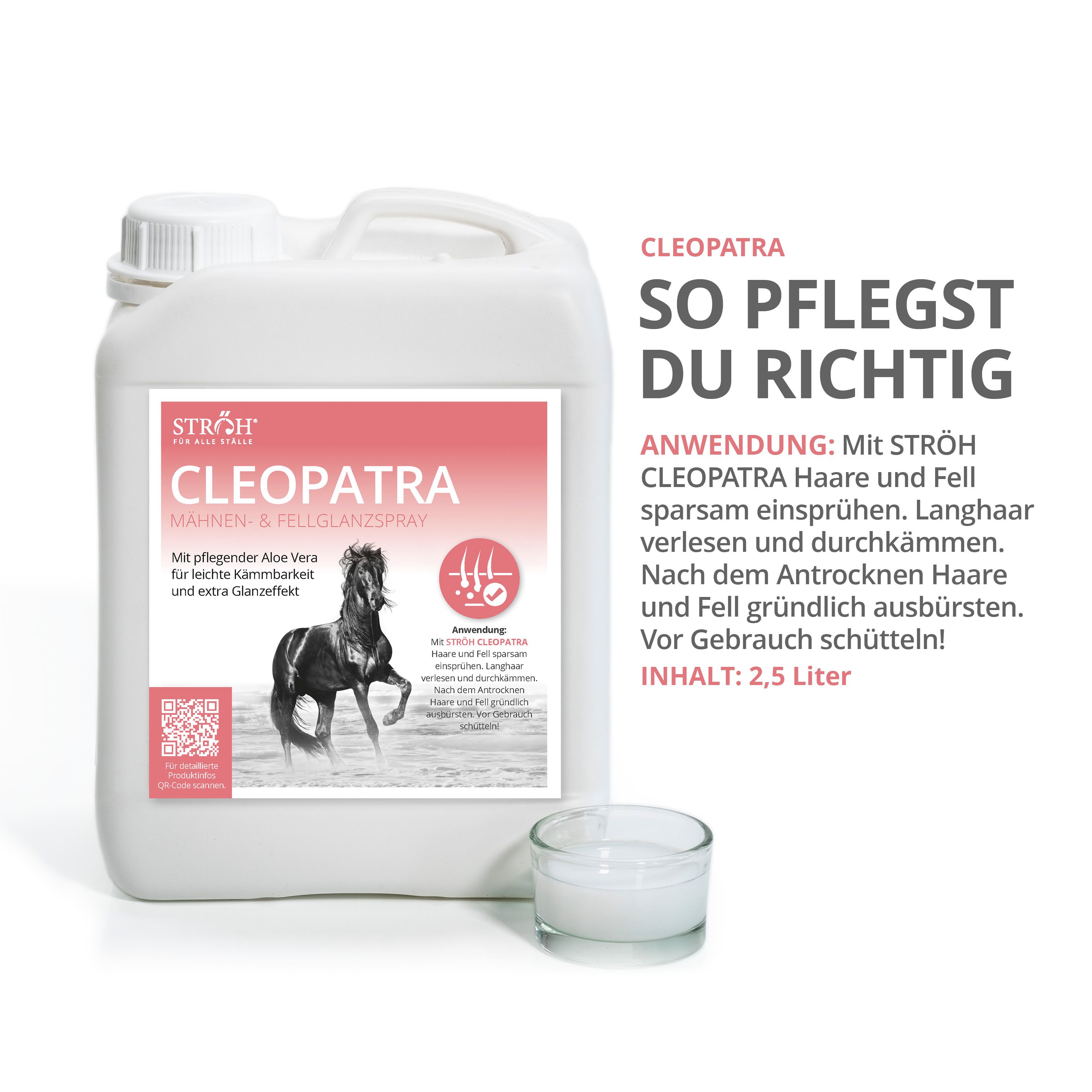 Weißer Kanister mit Etikett. Aufschrift: Cleopatra Mähnen- & Fellglanzspray. Kleines Glas daneben. Text.
