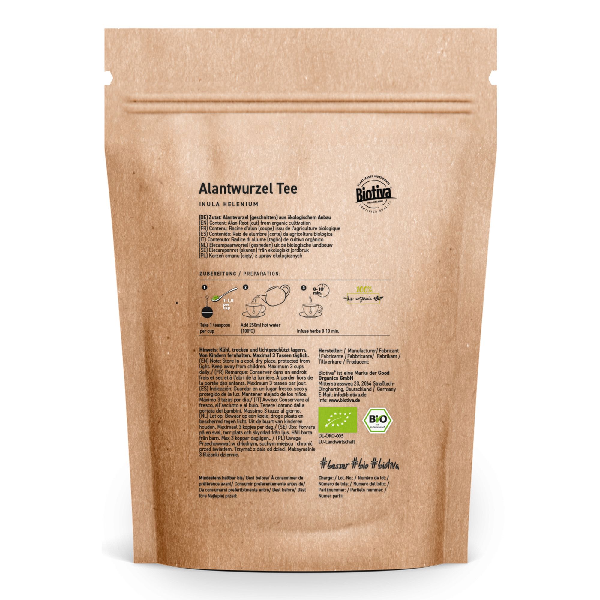 Braune Papierverpackung mit Aufdruck. Text: Alantwurzel Tee, Biotiva, Bio-Siegel, Zubereitungshinweise.