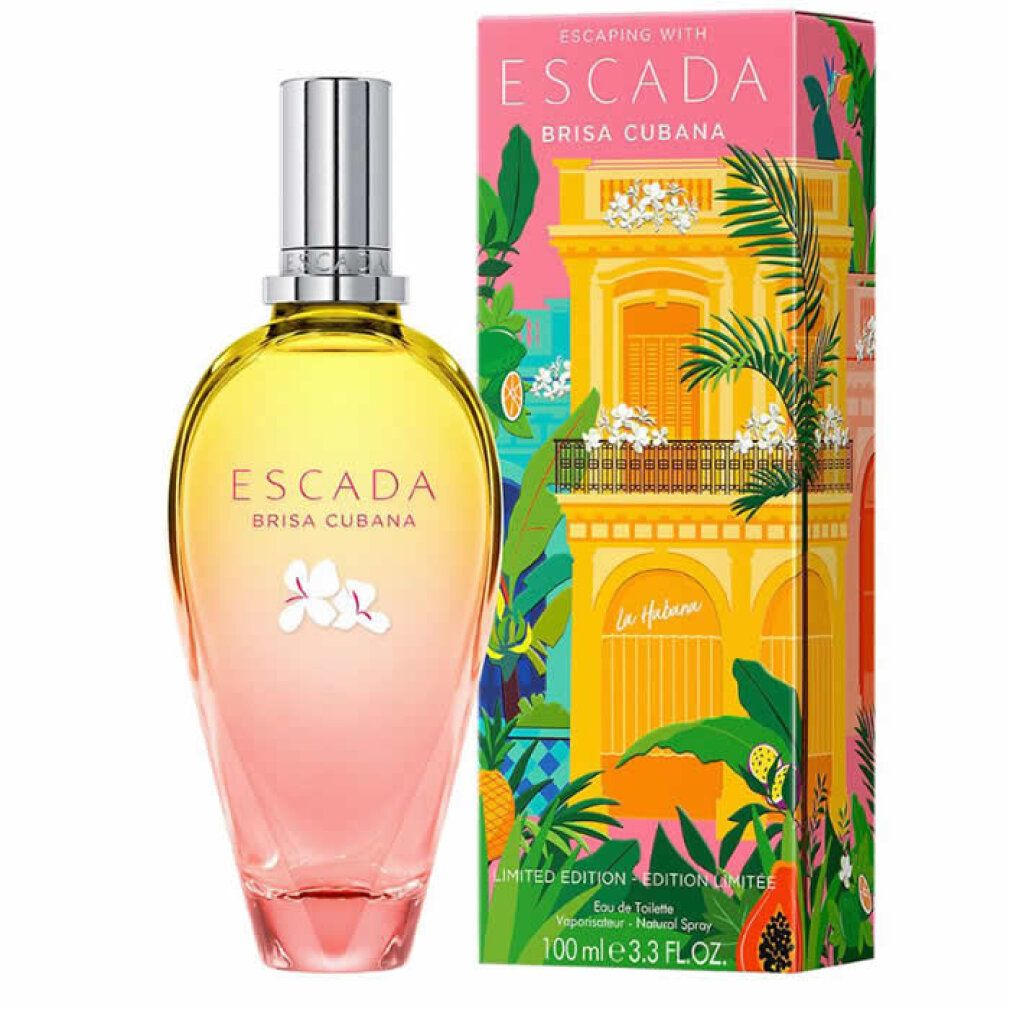 Escada Brisa Cubana E.d.T. Nat. Spray. Flakon und Verpackung. Flakon mit Farbverlauf, Verpackung mit Illustrationen.