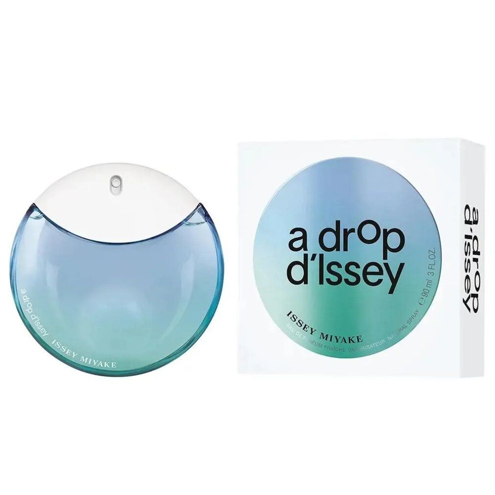 Runder Flakon und Verpackung. Flakon: blau-grüne Flüssigkeit, weißer Deckel. Verpackung: weiß, Aufschrift: a drop d'Issey.