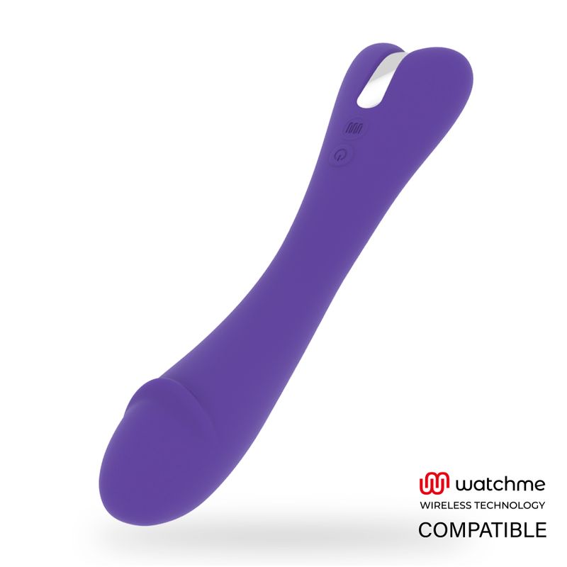 Ein violetter Stimulator. Logo von Watchme Wireless Technology Compatible.