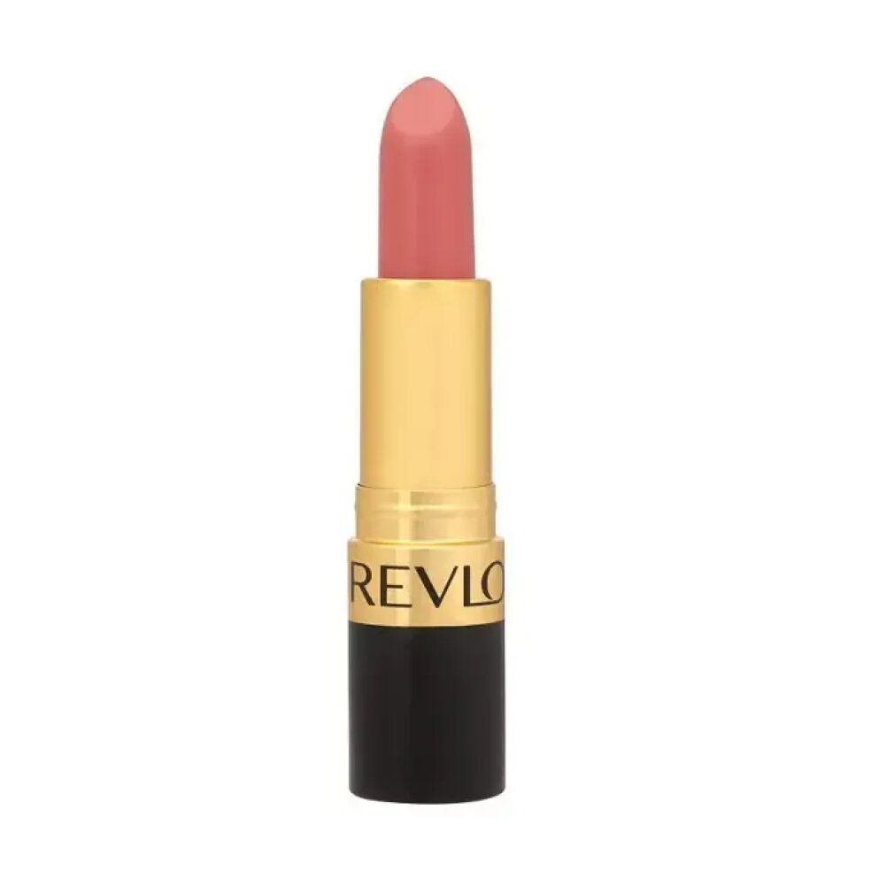 Rosafarbener Lippenstift. Schwarzer Stift mit goldenem Mittelteil. Auf dem Stift steht REVLON. Die Lippenstiftspitze ist sichtbar.