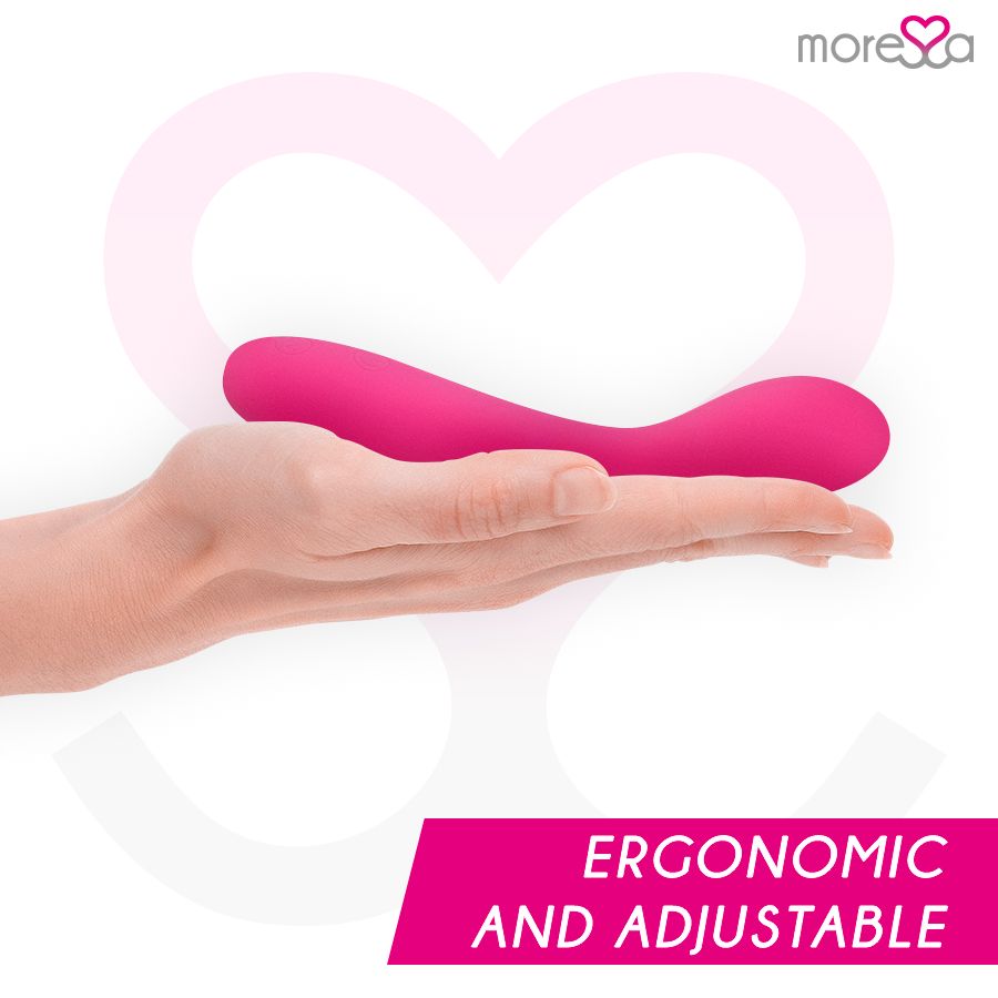 Pinkfarbenes, ergonomisches Produkt in einer Hand. Text: Ergonomisch und verstellbar. Marke: Moressa.
