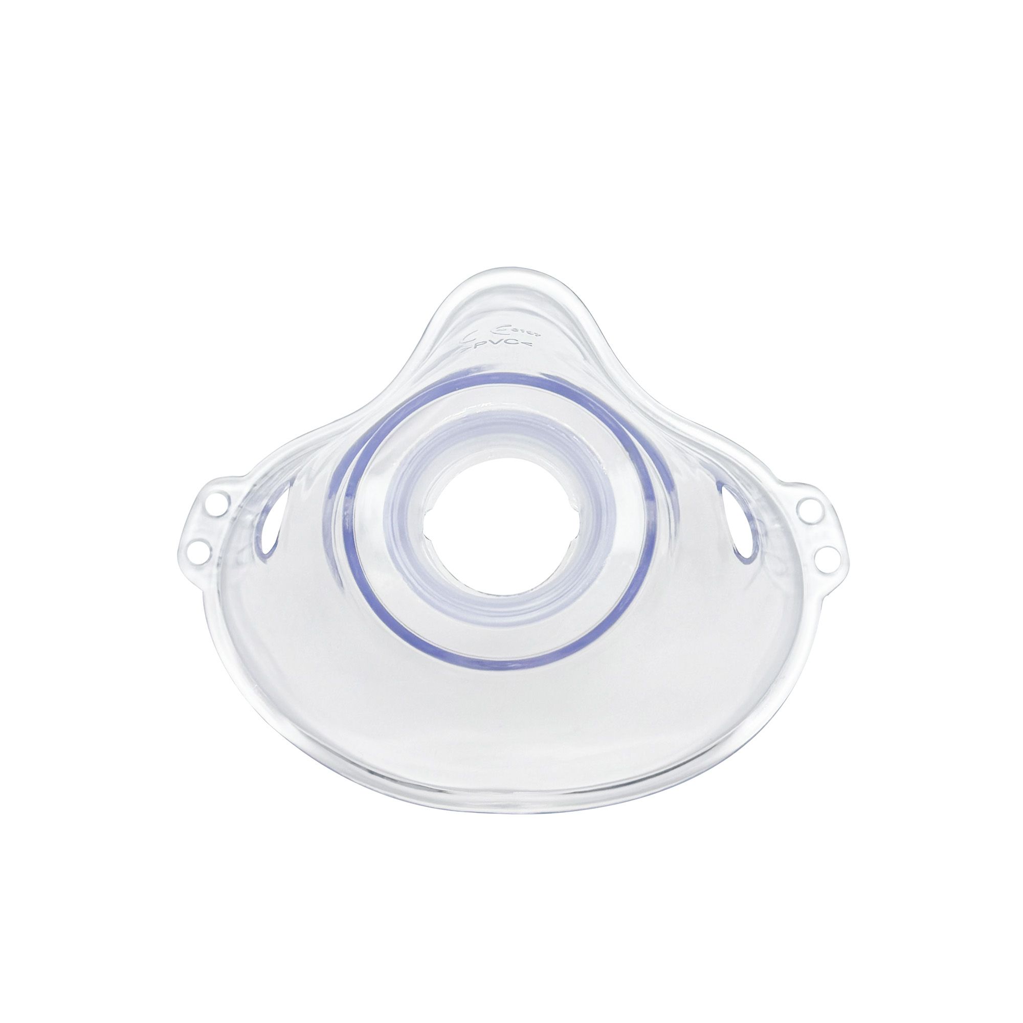 Transparente Inhalationsmaske für Erwachsene. Runde Öffnung mit blauem Ring. Seitliche Öffnungen und Befestigungspunkte.