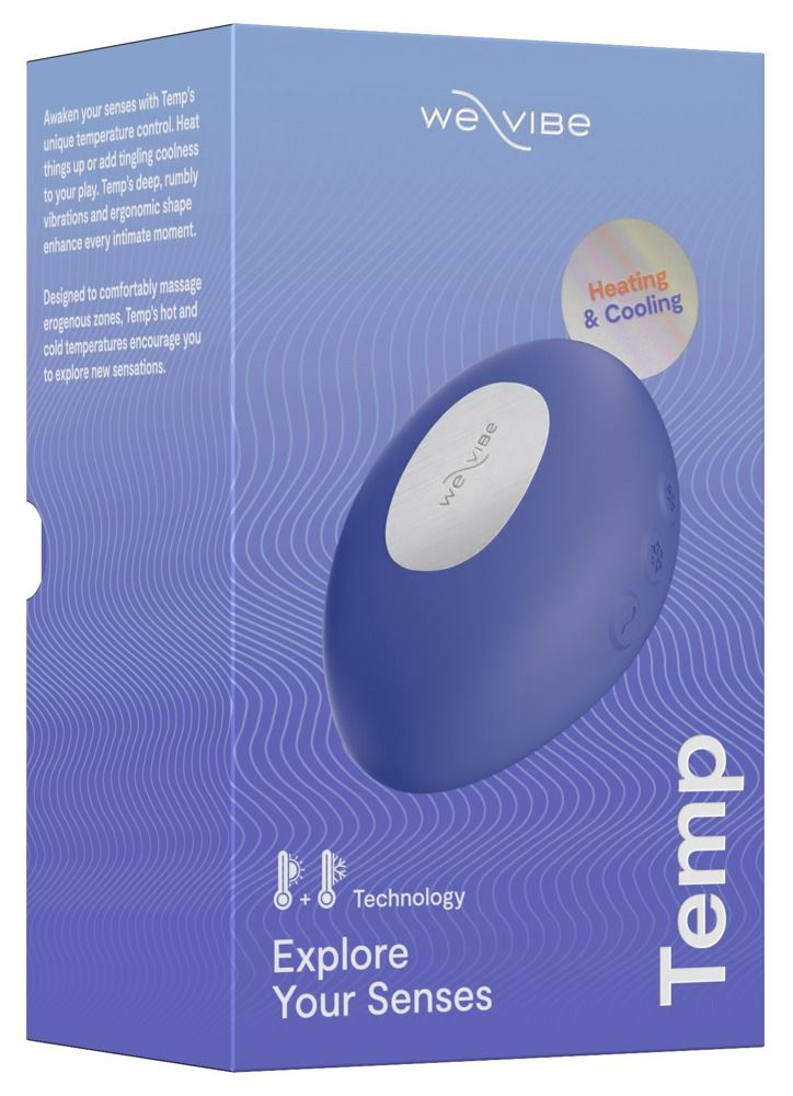 Produktverpackung. Blaues, ovales Gerät mit Logo "We-Vibe". Text: "Temp", "Heating & Cooling", "Explore Your Senses".