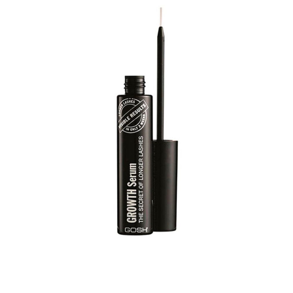Schwarze Flasche mit Applikator. Aufschrift: Growth Serum, The Secret of Longer Lashes. Marke: GOSH. Sichtbare Ergebnisse in 2 Wochen.