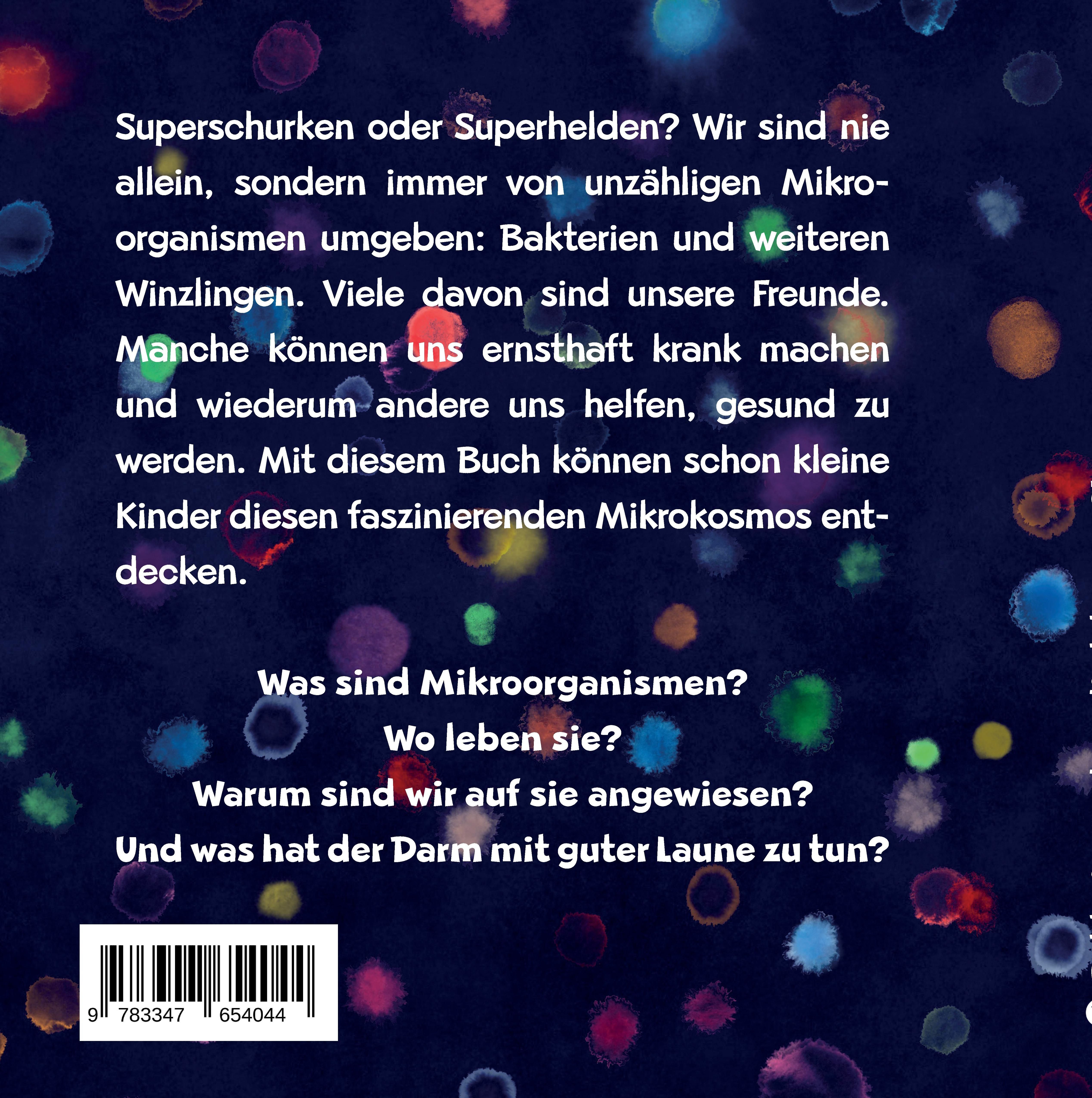 Buchrückseite mit Text über Mikroorganismen. Fragen: Was sind Mikroorganismen? Wo leben sie? ISBN-Nummer.
