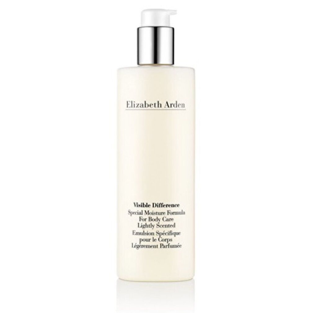 Beige Körperlotion mit silbernem Pumpkopf. Text: Elizabeth Arden, Visible Difference, Special Moisture Formula.