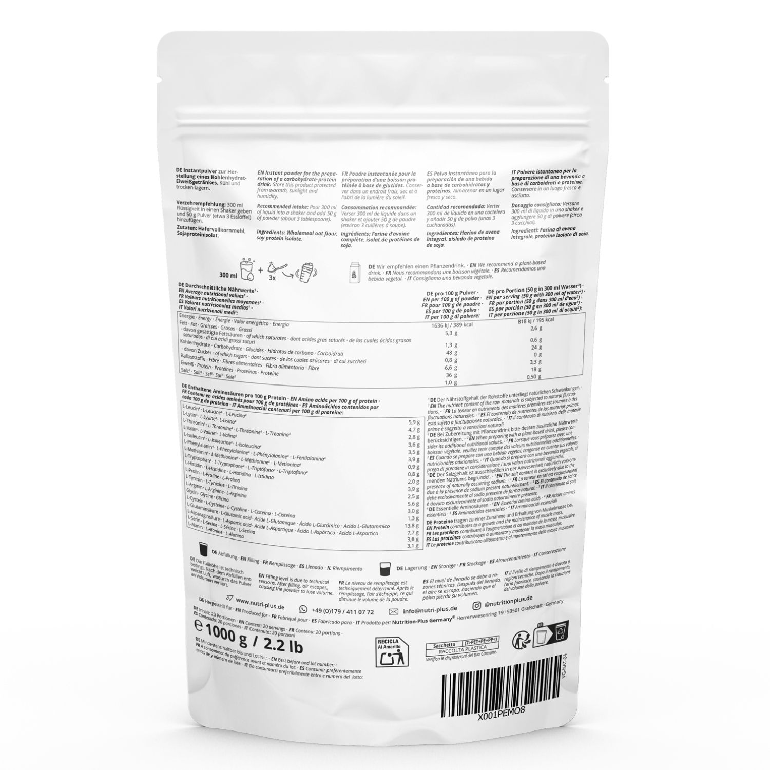 Rückseite eines weißen Standbeutels. Enthält Informationen zu Inhaltsstoffen, Nährwerten und Hersteller. Gewicht: 1000 g / 2.2 lb.