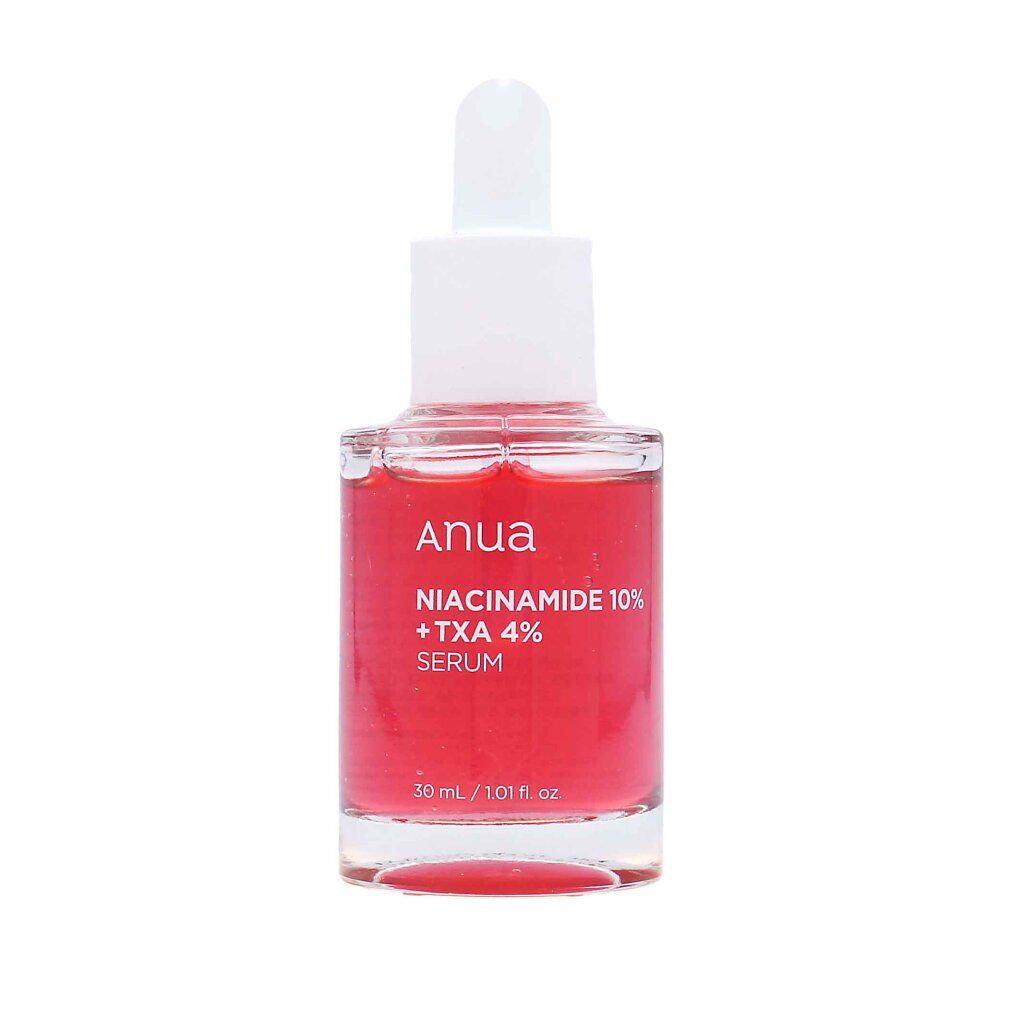 Anua Niacinamide 10%+TXA 4% Serum in roter Glasflasche mit Pipette.