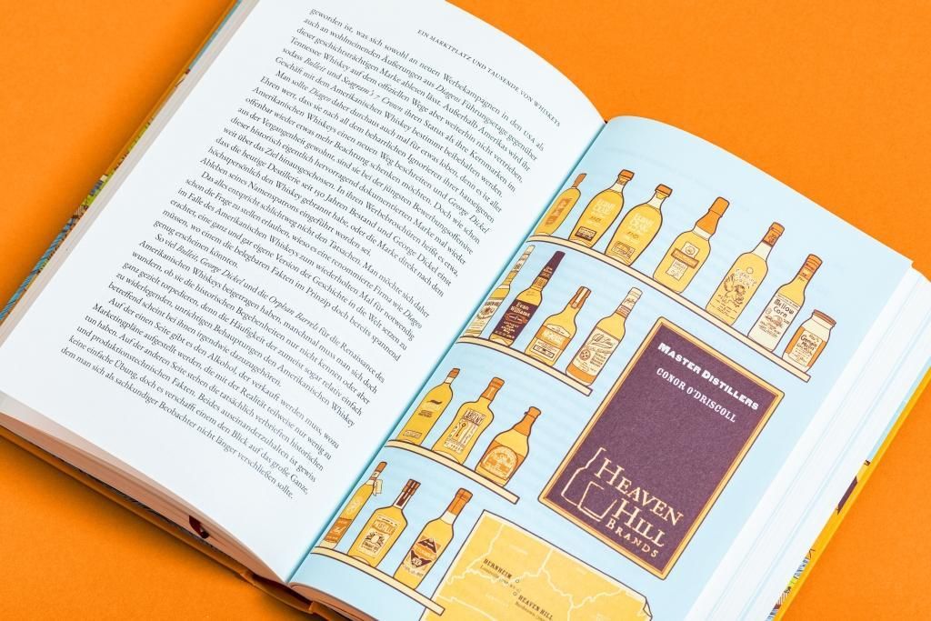 Buch, Doppelseite geöffnet. Text und Illustration von Flaschen auf Regal.