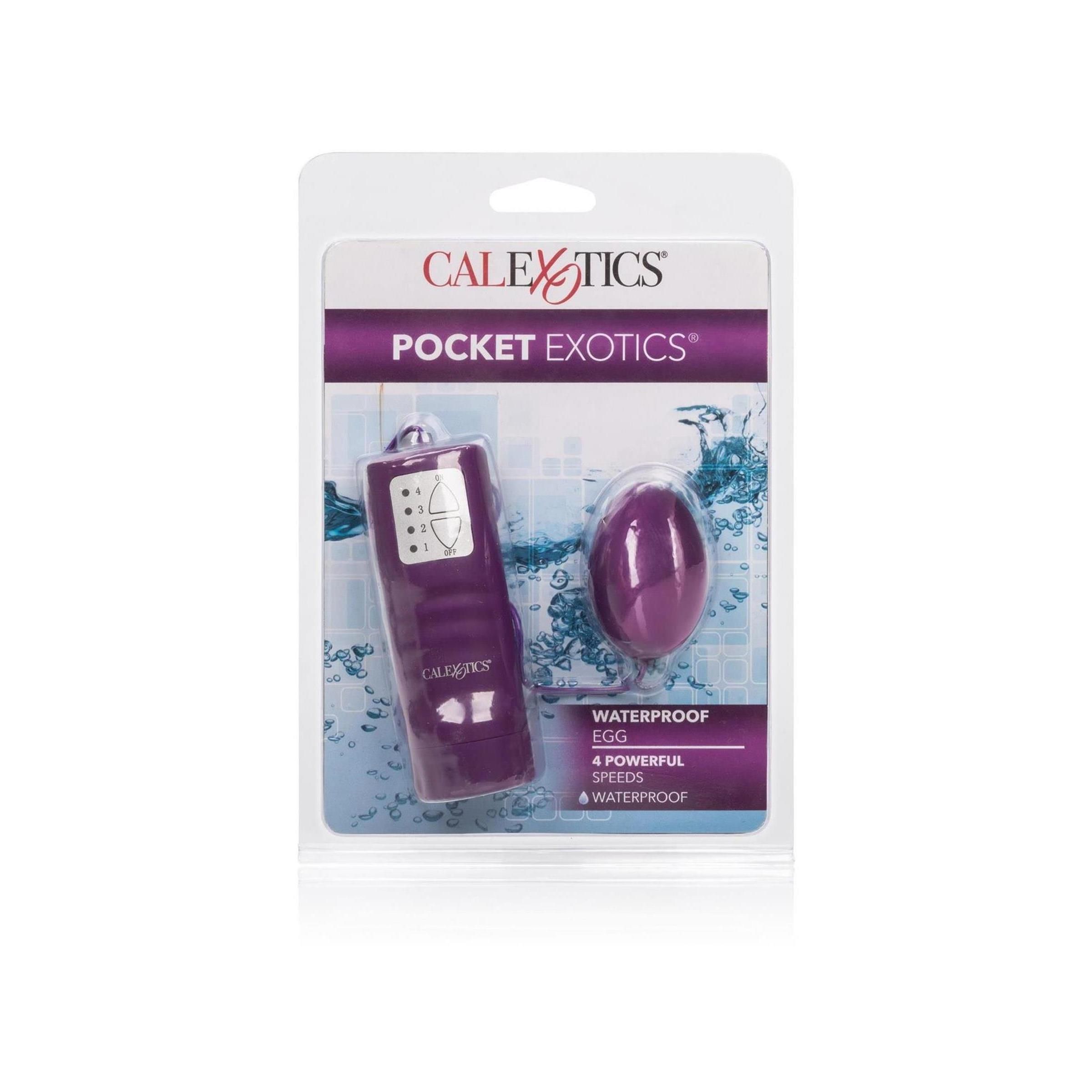 Verpackung mit lila Ei und Fernbedienung. Text: CalExotics, Pocket Exotics, Waterproof Egg, 4 Powerful Speeds, Waterproof.