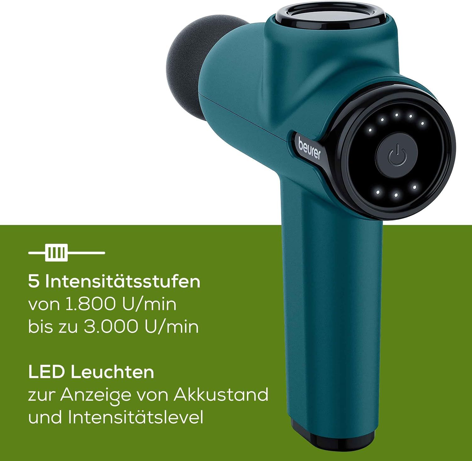 Grüne Massagepistole mit schwarzem Massagekopf. Beurer-Logo. LED-Leuchten und Bedienknopf. Text: 5 Intensitätsstufen, LED-Leuchten zur Anzeige von Akku.