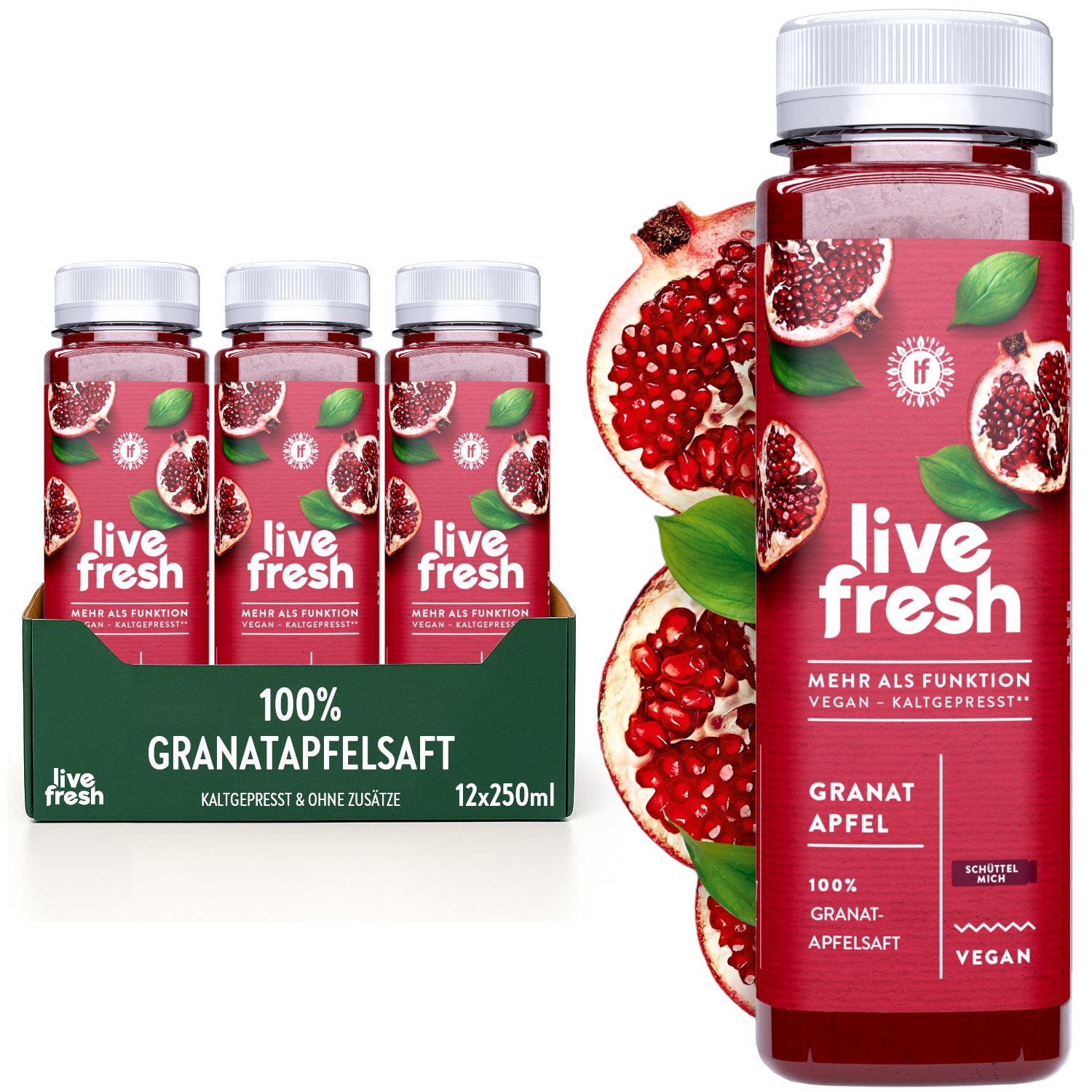 Drei Flaschen LiveFresh Granatapfelsaft in einem Karton. Eine einzelne Flasche daneben. Text auf Etiketten.