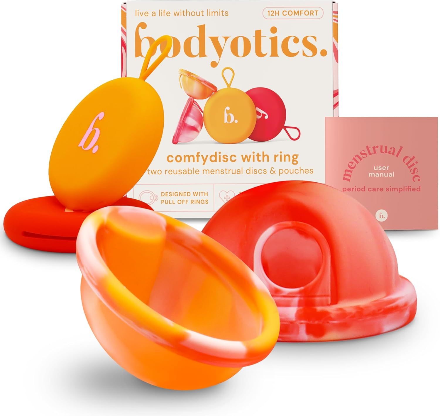 Mehrere wiederverwendbare Menstruationsscheiben in Orange und Rot, mit Ring und Aufbewahrungsbeutel. Verpackung mit Produktname und Logo.