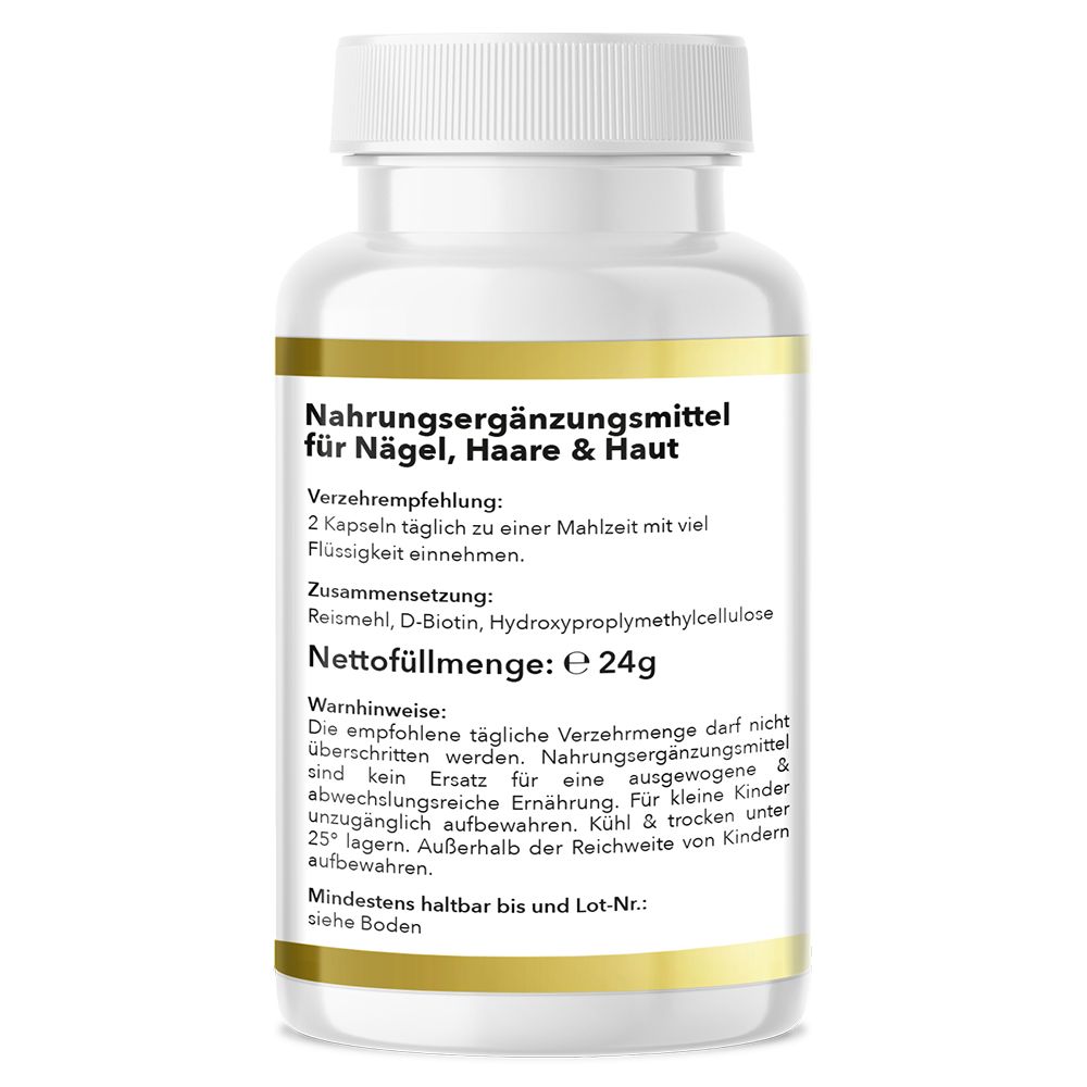 Rückseite des Pillenfläschchens mit Informationen zu Inhaltsstoffen, Verzehrempfehlung und Warnhinweisen.