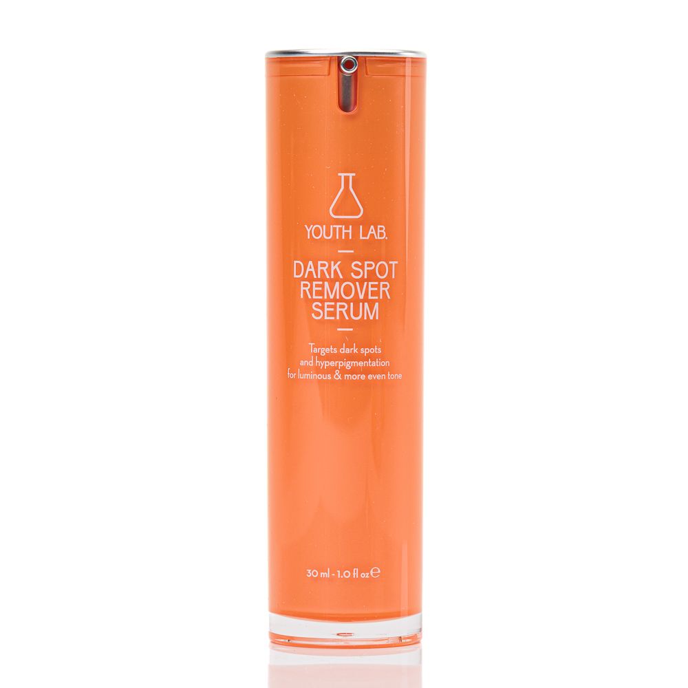 Orangefarbene Flasche mit weißem Etikett. Aufschrift: YOUTH LAB Dark Spot Remover Serum. Enthält 30 ml.