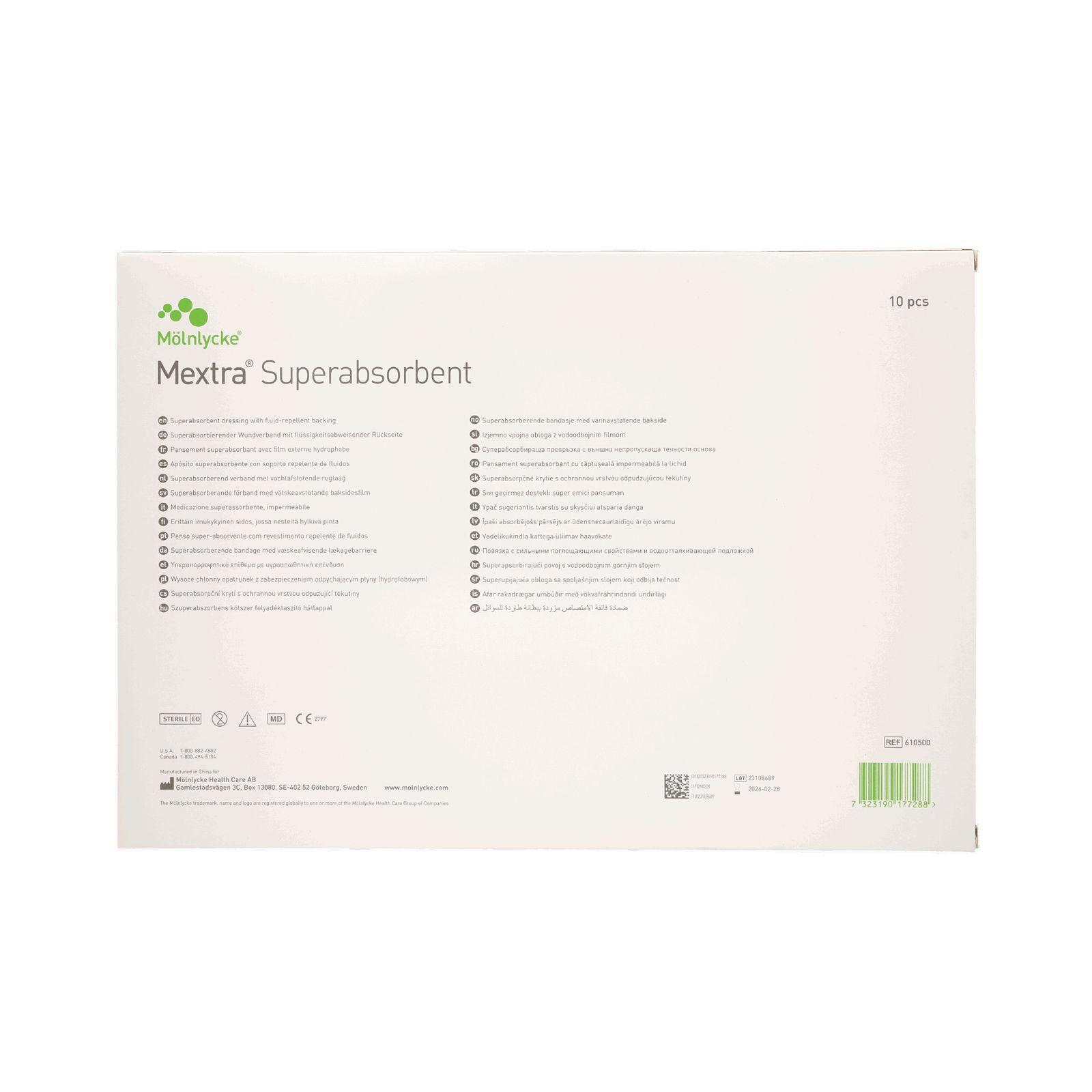 Rückseite der Mextra Superabsorbent Verpackung. Produktname und Logo. Text in mehreren Sprachen. 10 Stück.