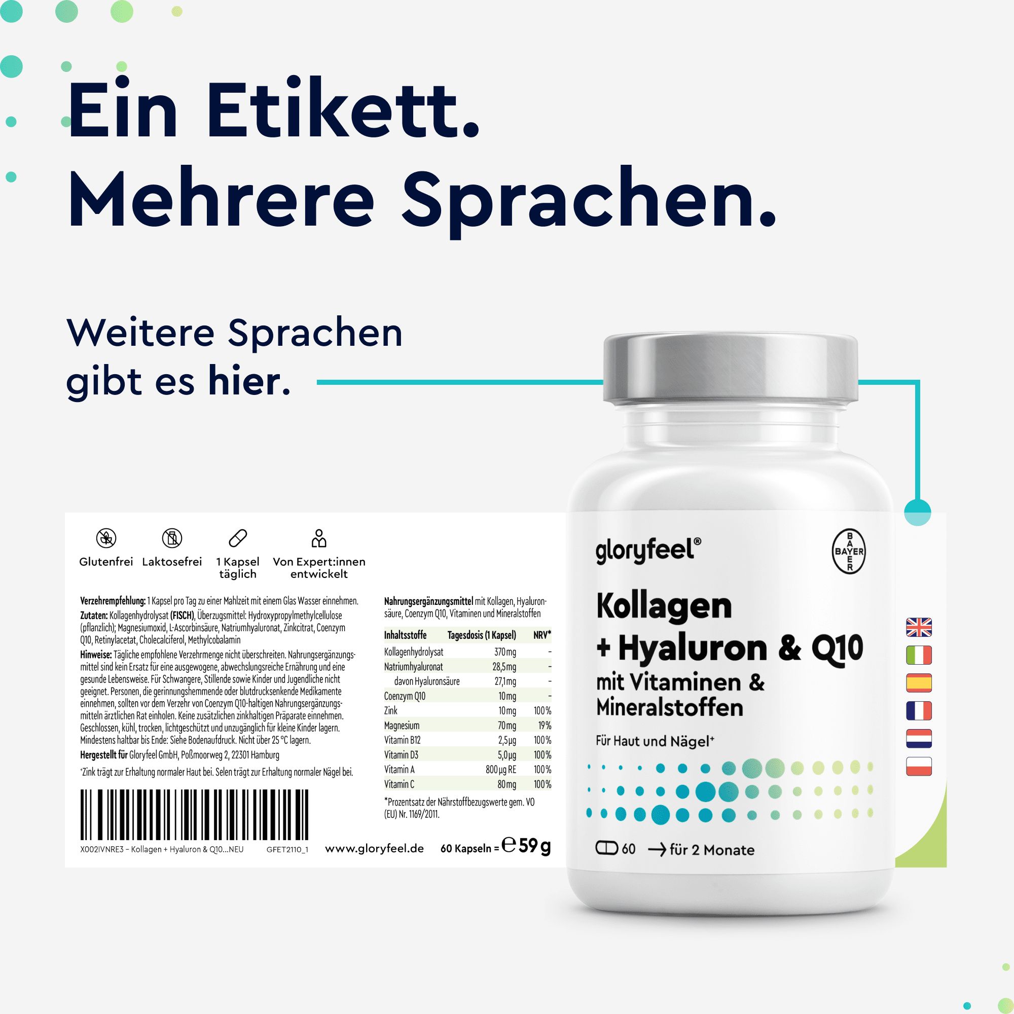 gloryfeel ® Kollagen + Coenzym Q10 + Hyaluronsäure - Zink, Magnesium, Vit B12, D3, A & C  60 Kapseln