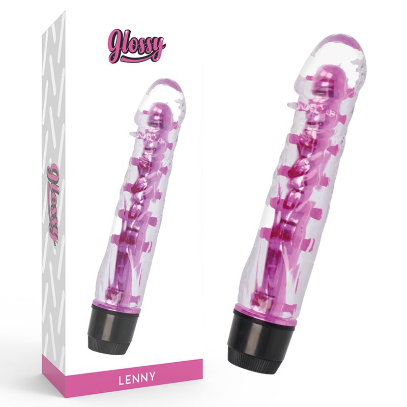 Zwei Vibratoren in Verpackung. Transparent mit pinkfarbenen Elementen. Schwarzer Sockel. Marke: GLOSSY. Text: LENNY.