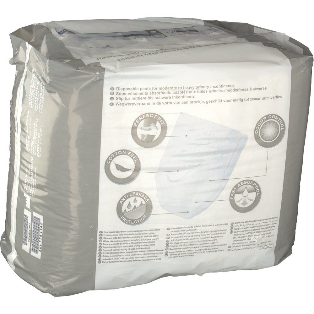 Rückseite der Verpackung iD Pants. Informationen zu den Eigenschaften: Perfect Fit, Cotton Feel, Anti-Leakage Protection, Fast Absorption, Odour Control.