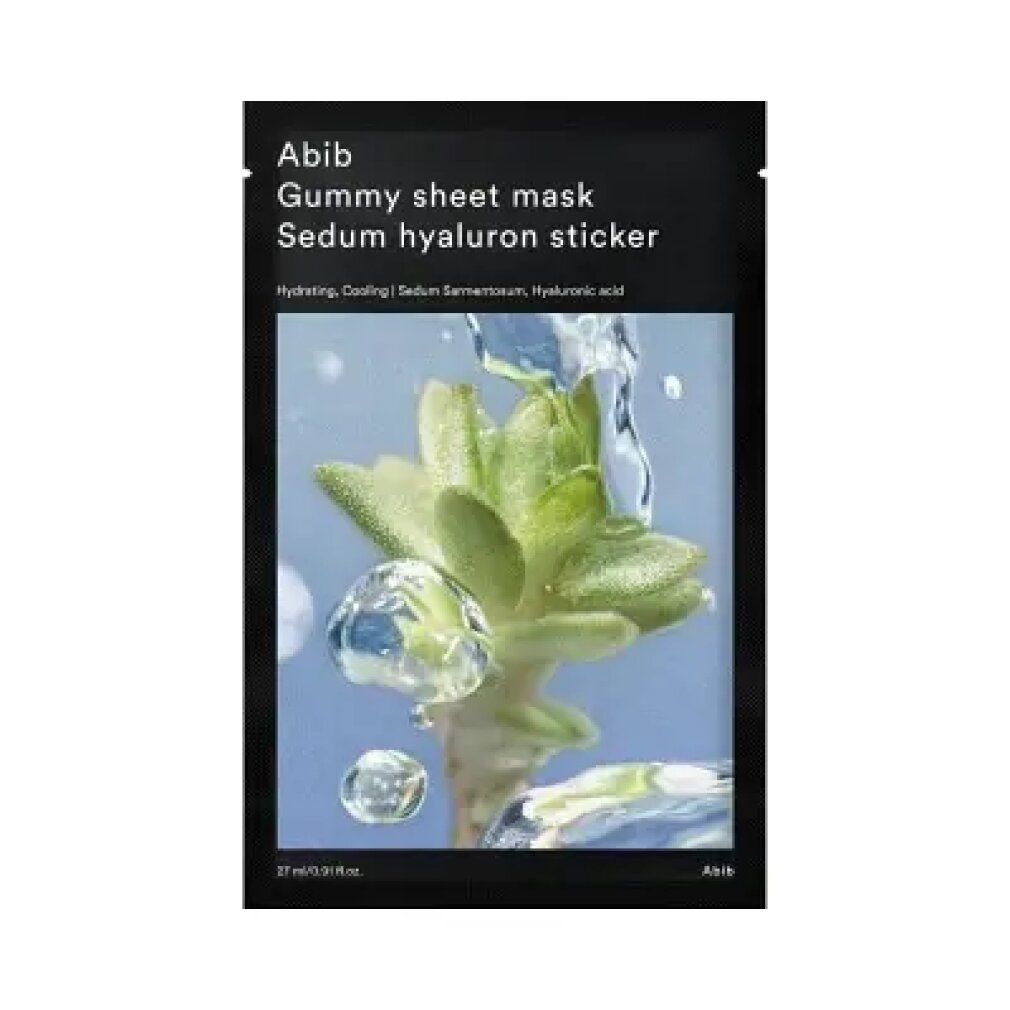Abib Gummy Sheet Mask Sedum Hyaluron Sticker Packung mit Pflanze und Wassertropfen.