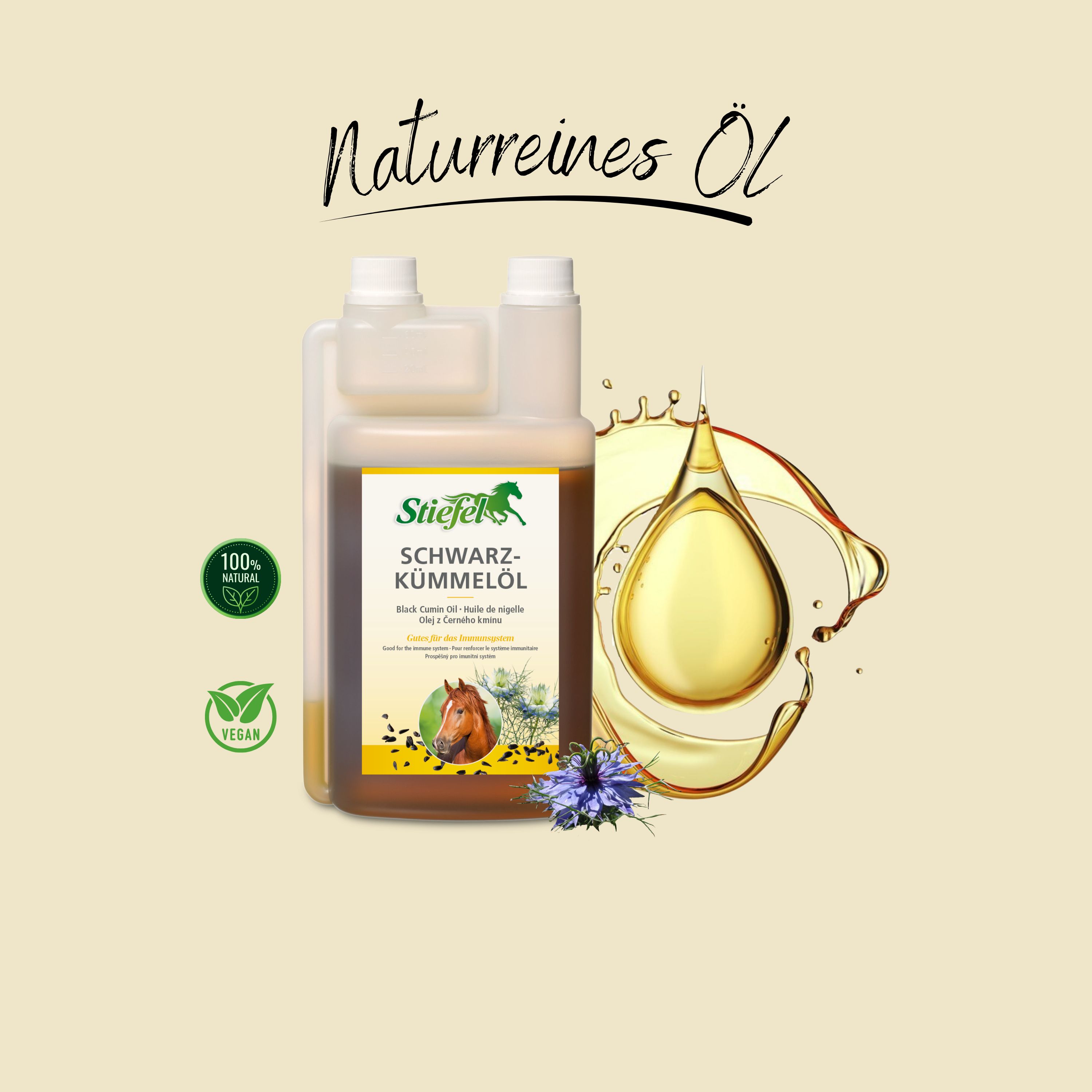 Flasche mit Stiefel Schwarzkümmelöl. Etikett mit Produktname, Logo und Illustration. Tropfen Öl und Blüten.