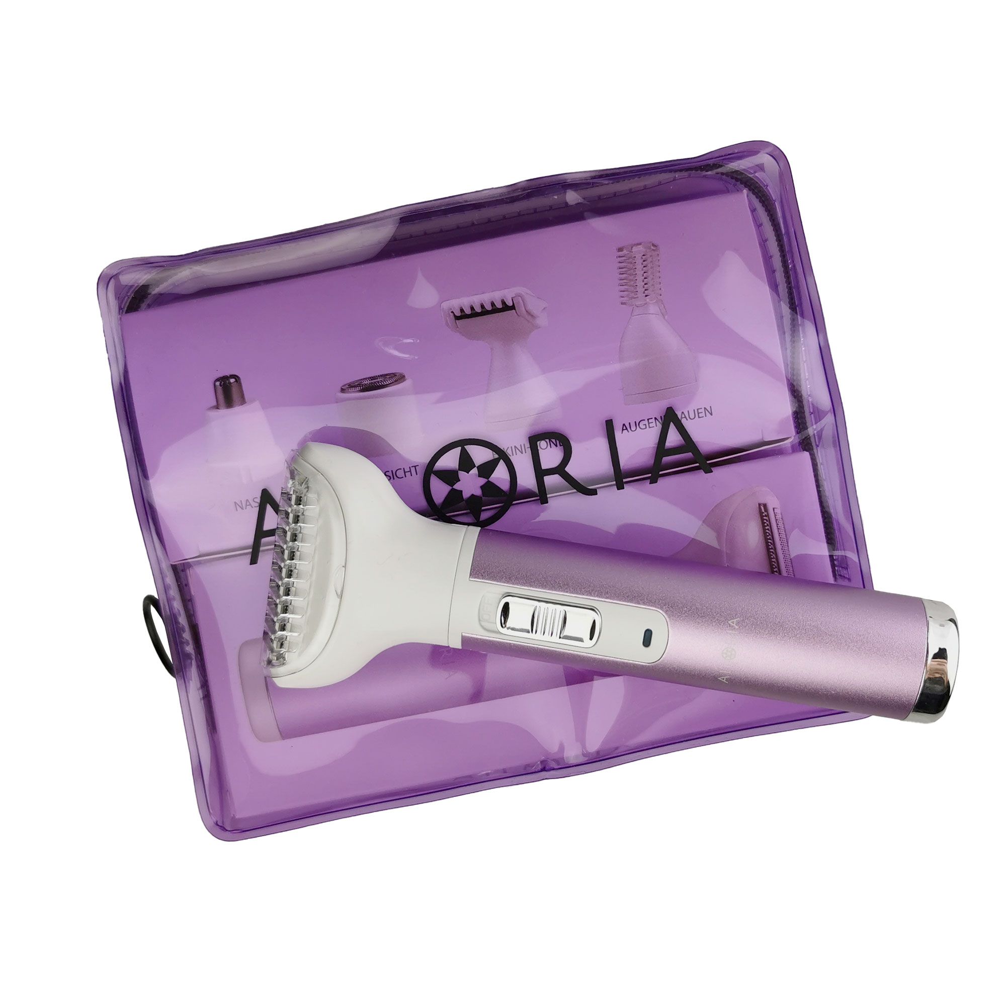 AILORIA EVAPORE Set in transparenter, lila Tasche. Rasierer und Aufsätze sichtbar. Schwarzer Reißverschluss.