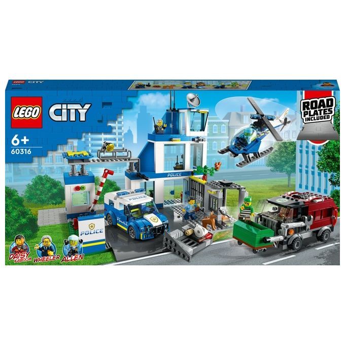 LEGO City Police 60316. La confezione mostra il set, che include una stazione di polizia blu, un elicottero, un'auto della polizia e un camion della spazzatura. Sono incluse anche delle figurine. Il set è destinato a bambini dai 6 anni in su.