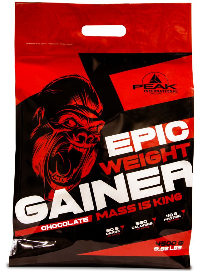 Roter Beutel PEAK Epic Weight Gainer, Geschmack Chocolate. Enthält 4500g. Mit Gorilla-Illustration und Produktbezeichnung.