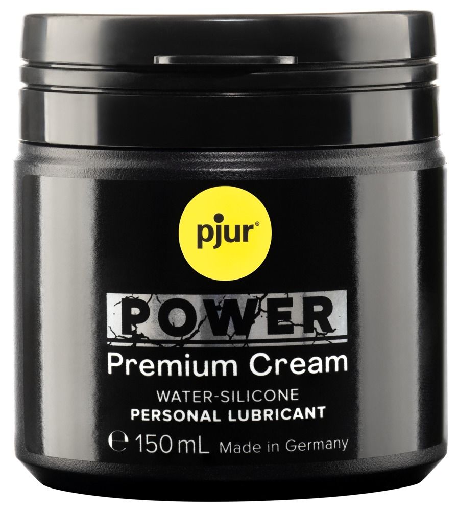 Schwarze Dose mit gelbem Deckel. Aufschrift: pjur, POWER Premium Cream, Personal Lubricant. 150 ml. Made in Germany.