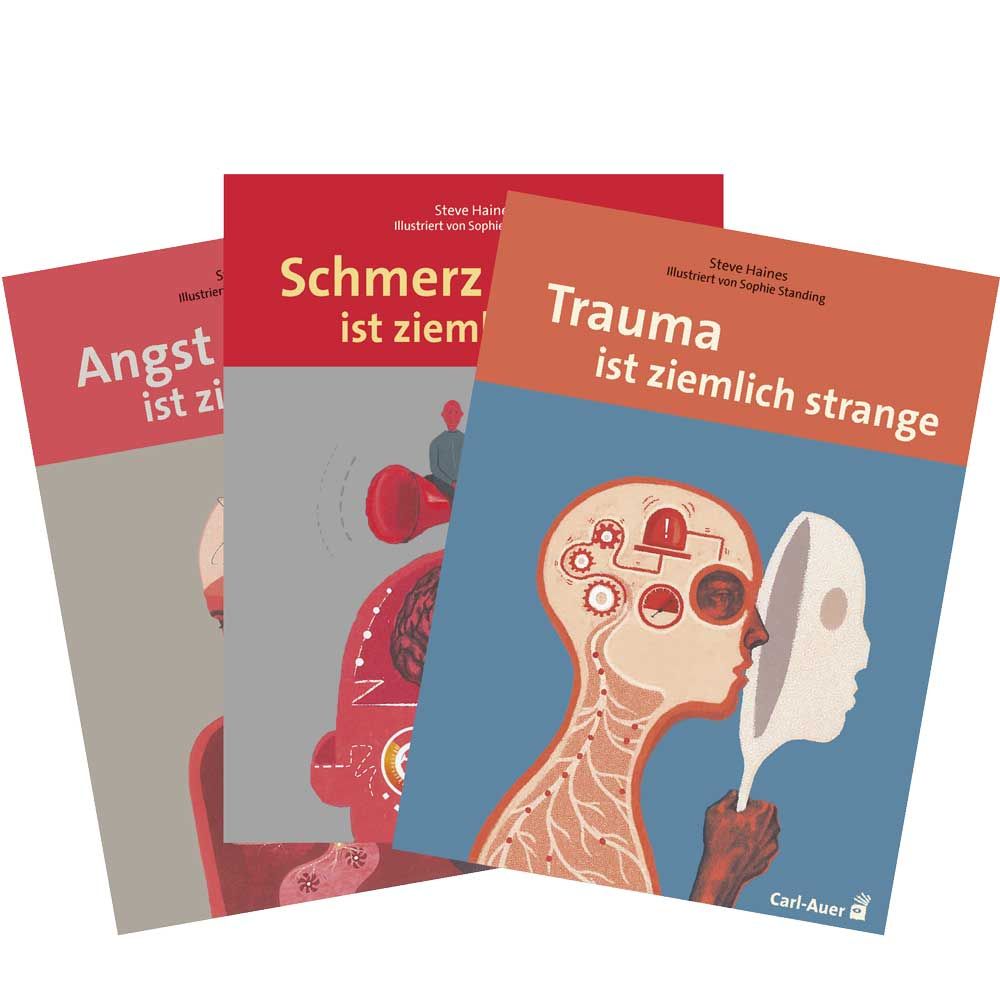 Drei Bücher mit Titeln: Angst, Schmerz, Trauma. Titel in deutscher Sprache. Verlag Carl-Auer.
