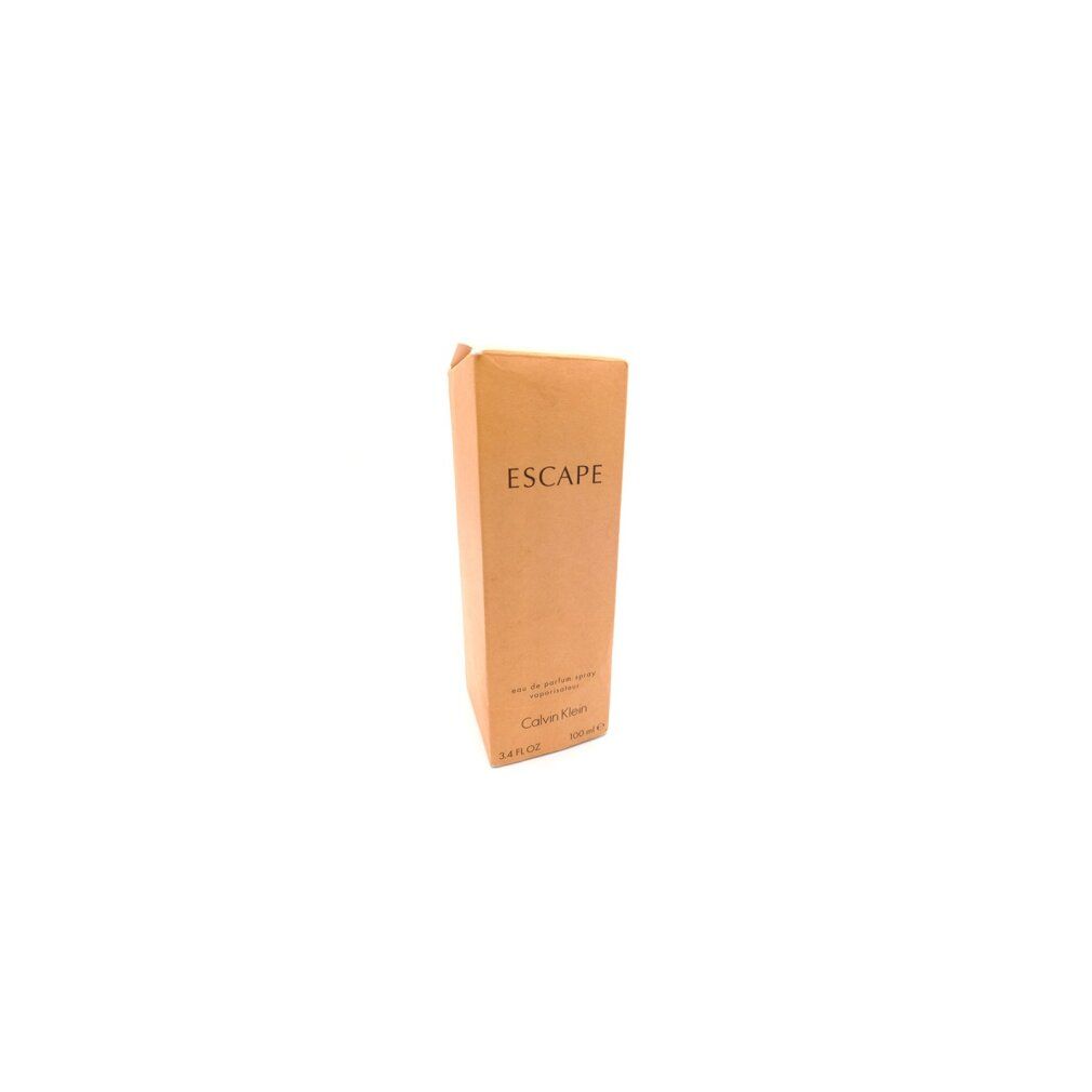 Beige rechteckige Verpackung. Aufschrift: ESCAPE, Calvin Klein. Angaben zu Inhalt und Volumen.