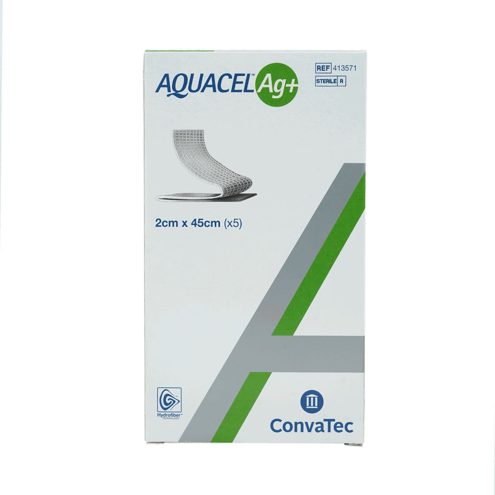 Verpackung von AQUACEL Ag+ Tamponaden. Weiß, mit grünem Logo und Produktabbildung. Größe: 2cm x 45cm (x5).