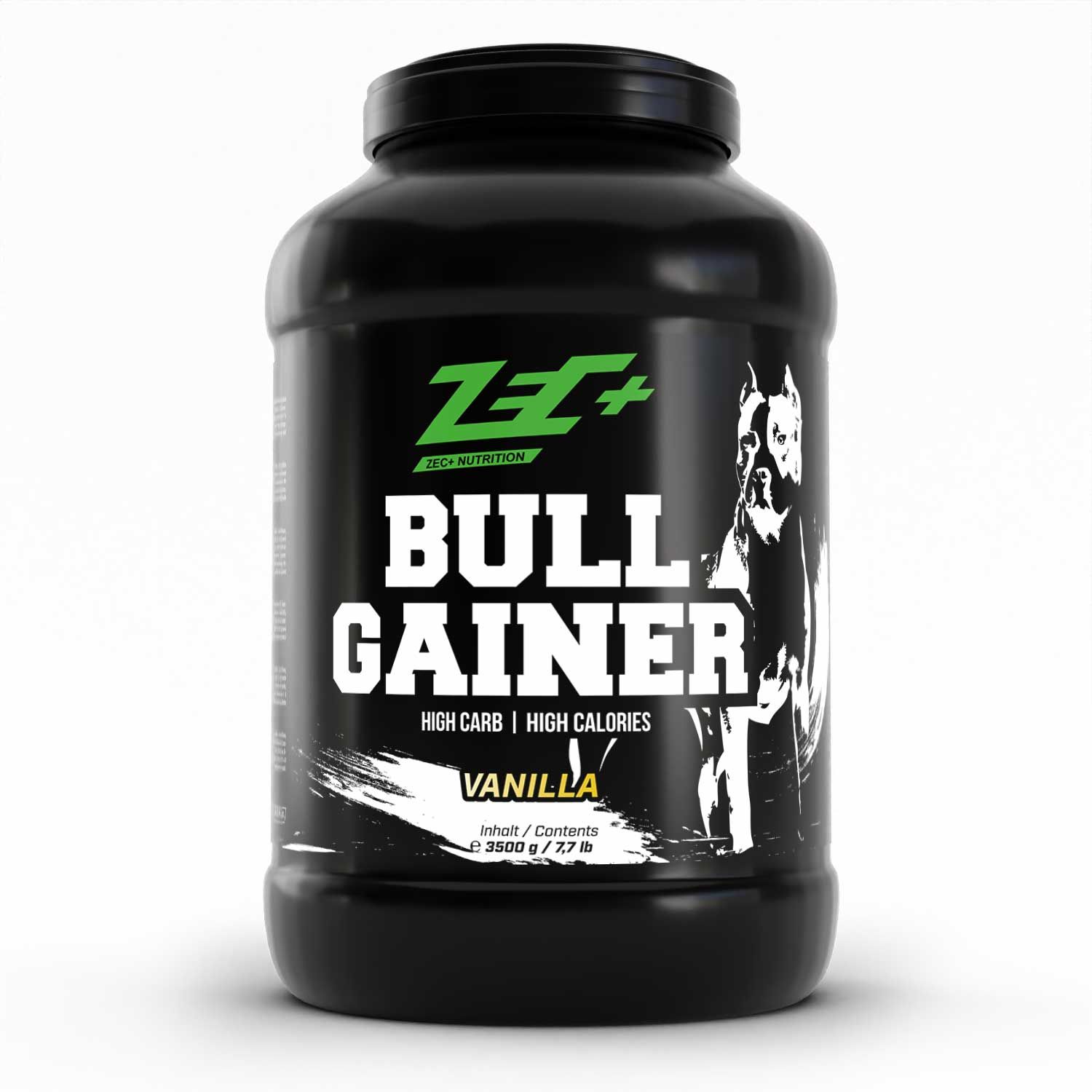 Schwarzer Behälter mit "ZEC+ BULL GAINER"-Aufdruck. Vanille-Geschmack. Enthält 3500 g. Logo und Bulldogge-Illustration.
