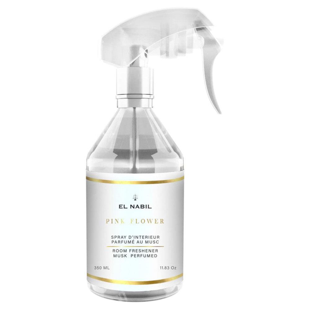 Transparente Sprühflasche mit weißem Etikett. Aufschrift: EL NABIL, PINK FLOWER, Raumduft. Volumen: 350 ml.